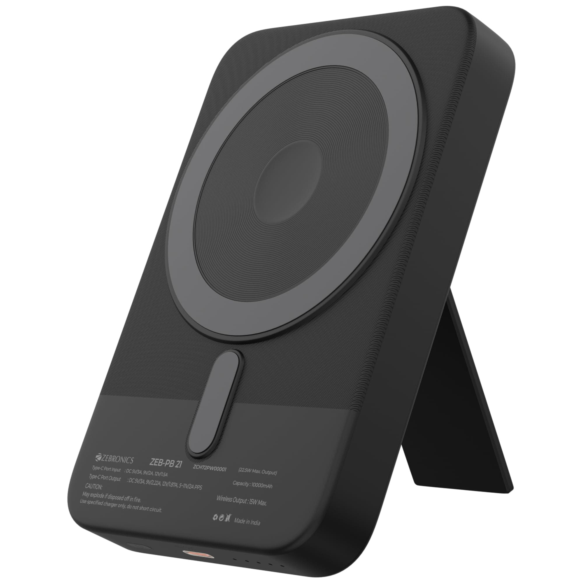 Zebronics 10000mAh MagSecure Compatible Powerbank, 15W Wireless Charging, 22.5W Rapid Charging, Type-C PD Input & Output, Built-in Stand, LED Indicato...