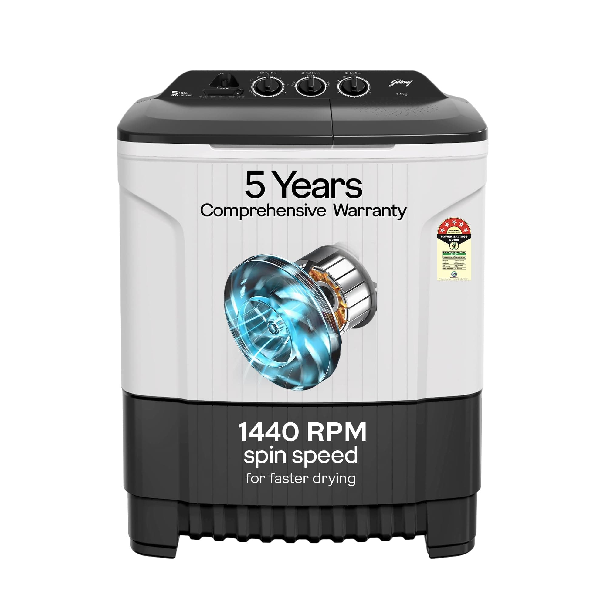 Godrej 7.5 Kg 5 Star Semi-Automatic Top Loading Washing Machine (WS EDGE CLS 75 5.0 PN2 GPGR, Graphite Grey, 460 W powerMax Wash)