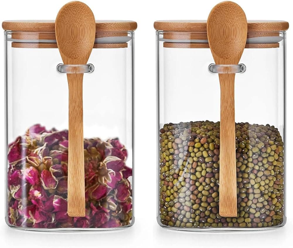 SLAYNE 1200 ML Square Glass Jar with Bamboo Lids and Spoons Airtight Borosilicate Glass Food Storage Contaienrs with Kitchen Pantry Labels for Coffee...