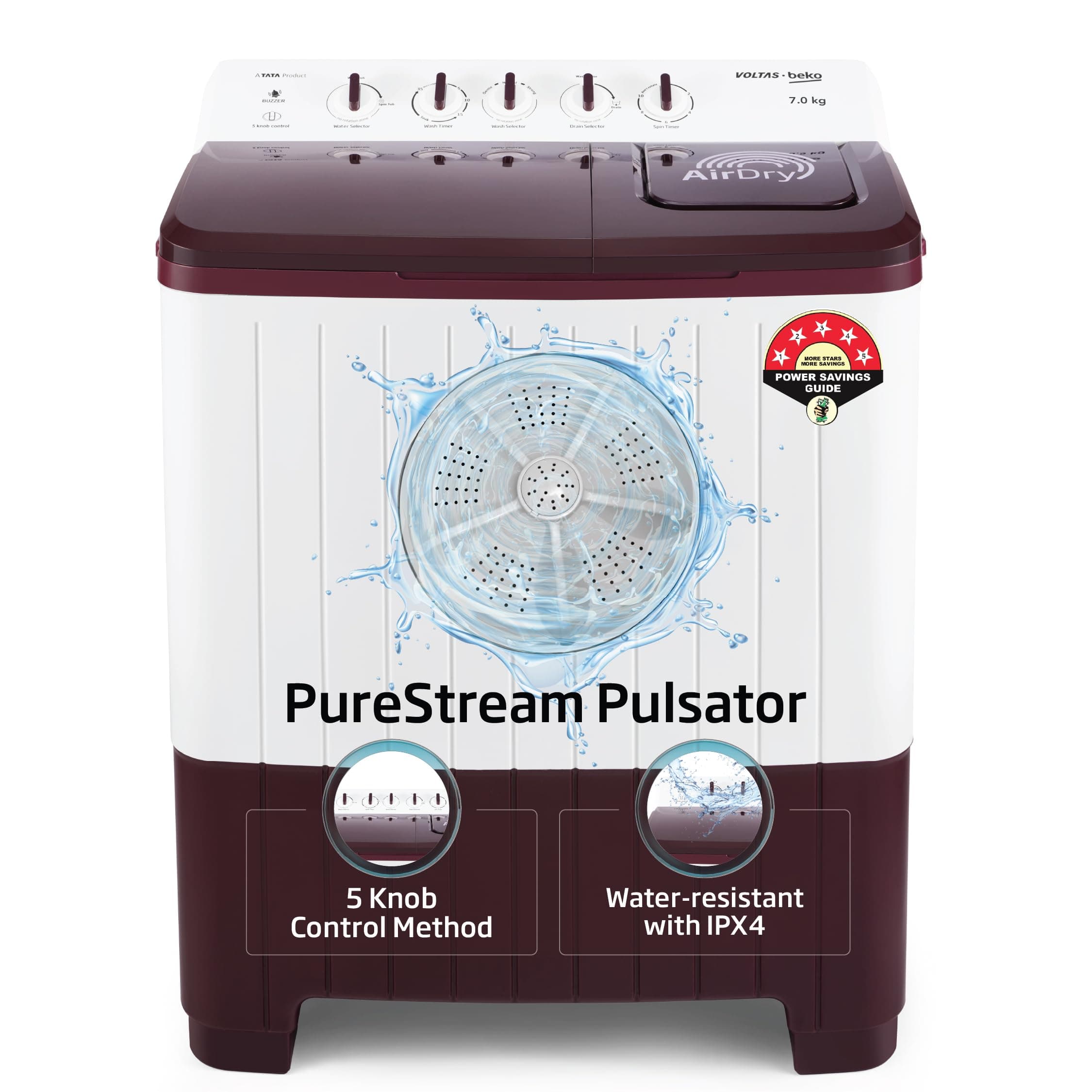 Voltas Beko, A Tata Product 7 Kg 5 Star Semi-automatic Top Load Washing Machine with PureStream Pulsator Wash Technology (2024 Model, WTT70UHA/OK5R0R0...
