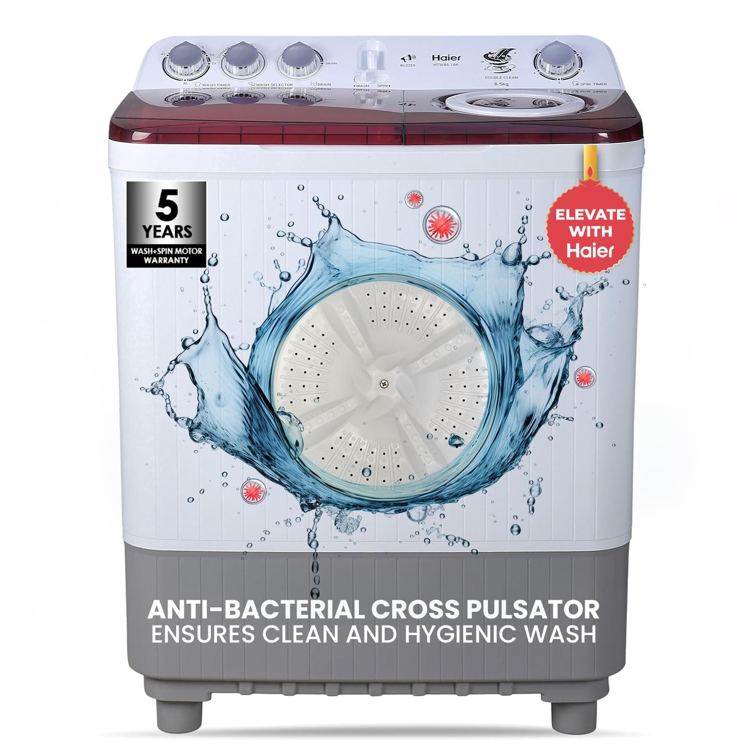 Haier 9 kg 5 Star Vortex pulsator Semi Automatic Top Load (HTW90-186,Burgundy)