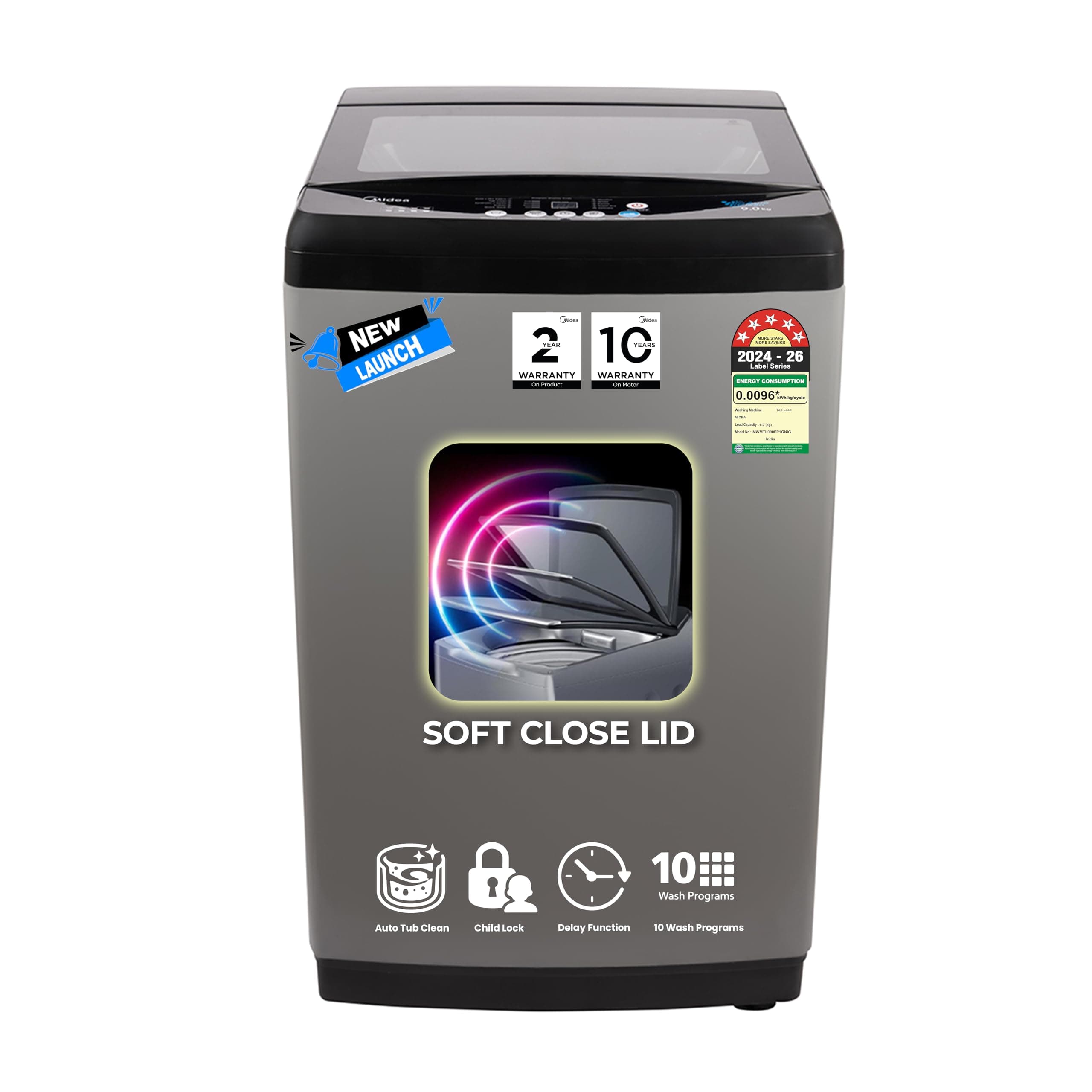 Midea 9kg 5-Star Top Load | Fully Auto | Soft Close Glass Lid | Hydrowave Stainless Tub | 10 Wash Programs | Auto Drum Cle...