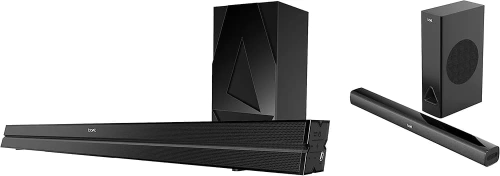 boAt Aavante Bar 1500 2.1 Channel Home Theatre Soundbar with 120W Signature Sound, Wired Subwoofer+K5 & Aavante Bar 1250 80 Watt 2.1 Channel Wireless Bluetooth Soundbar (Premium Black)
