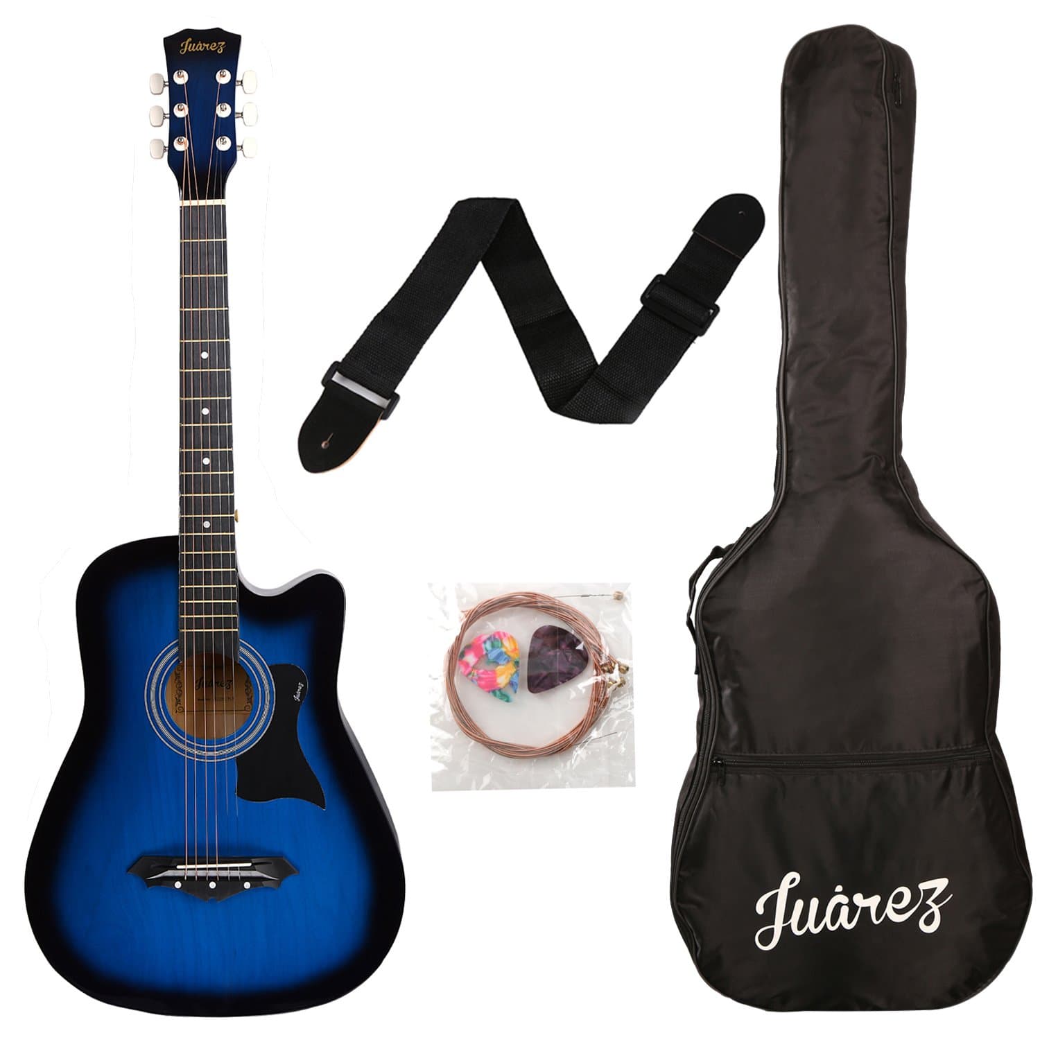 Juarez Acoustic Guitar Kit, 38 Inch Cutaway, 38C with Bag, Strings, Pick and Strap, TBS Transparent Blue Sunburst