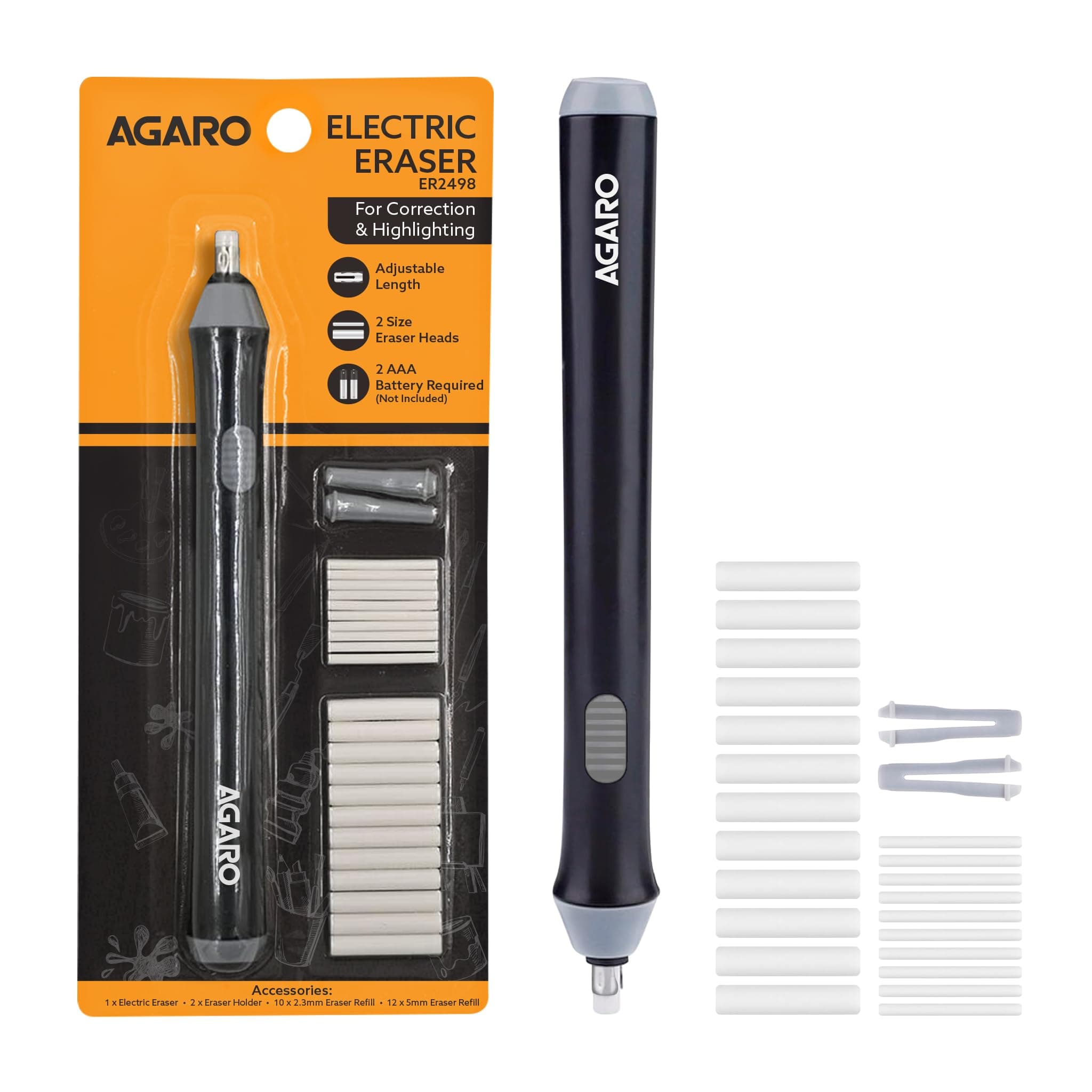 AGARO Electric Eraser ER2498, 2.3mm & 5mm Eraser, Automatic Correction & Highlighting, for Sketching, Drawing, Portrait Shading, 22 Refills, 2 Eraser ...