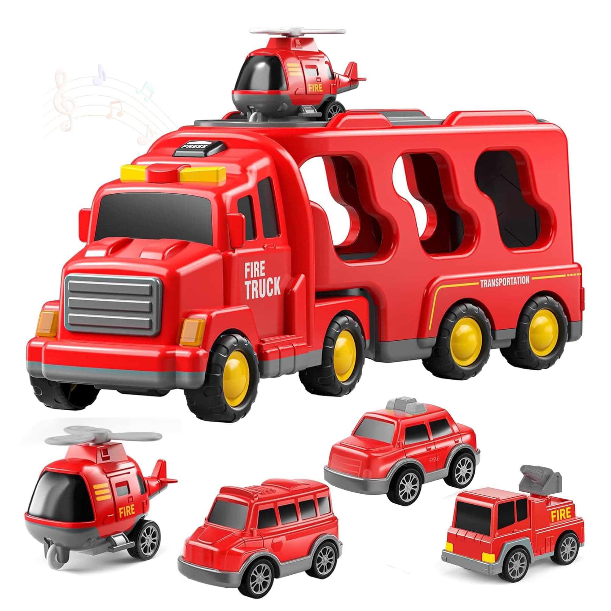 Kidology 5-in-1 Friction-Powered Fire Truck Toy Set with Music Montessori Educational Transport Carrier Vehicle Toy for Boys & Girls, Fun Birthday Gi...