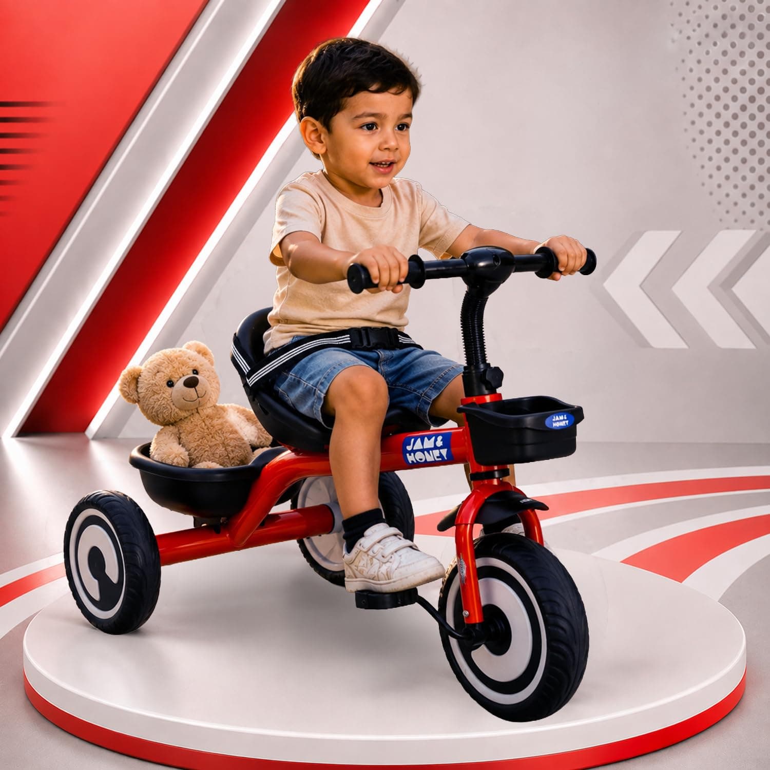Amazon Brand - Jam & Honey | Kids Tricycle | Black | 3-Point Safety Harness | Cushioned Ergonomic Seat | Mild-Steel Frame...