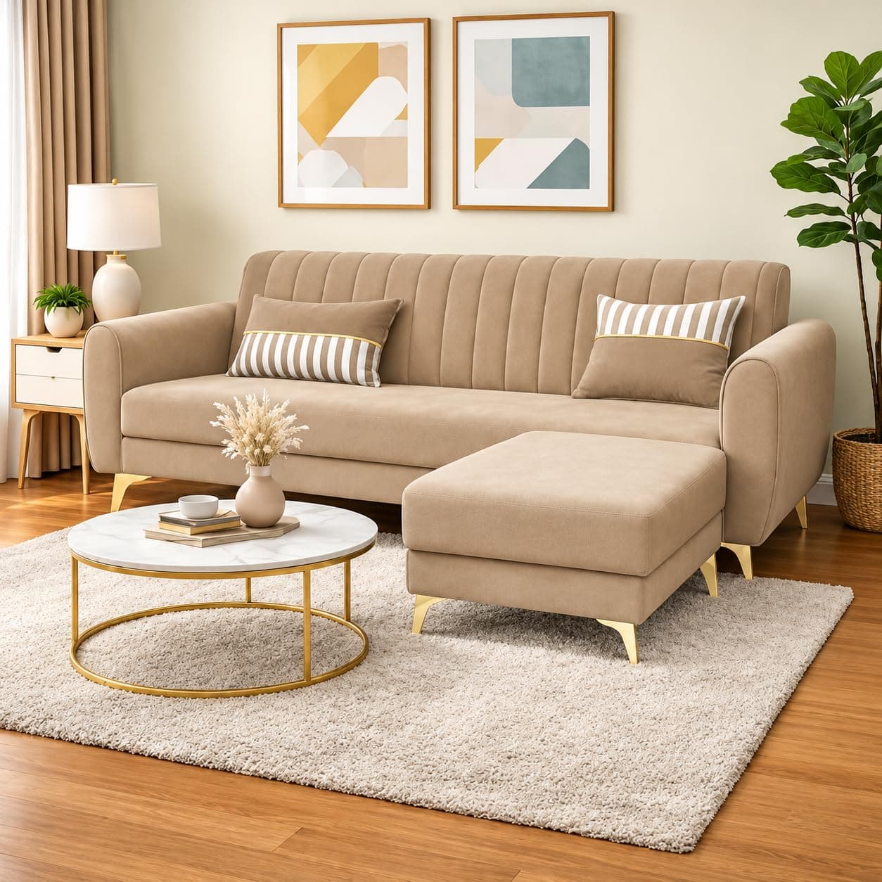 Adorn India Premium Luster 4 Seater L Shape Sofa Set | Velvet Suede Fabric | 3-Year Warranty | Color Beige with Golden Legs & Striped Pattern Cushion