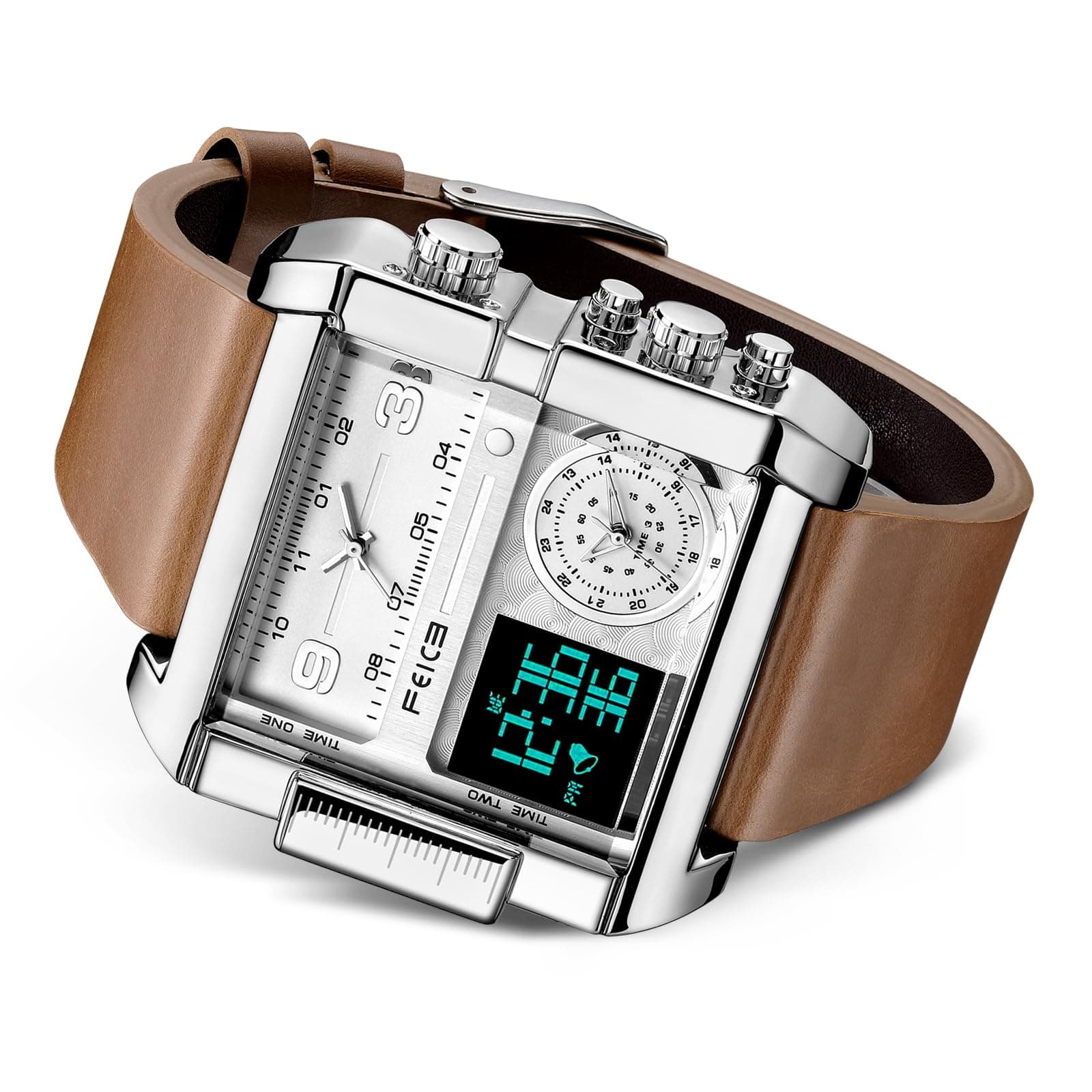 FEICE Digital LED Analog Quartz Wristwatch Business Men's Watch with Multifunction Square Chronograph 24 Hour Calendar Leather Strap Unique FK030Pro L...
