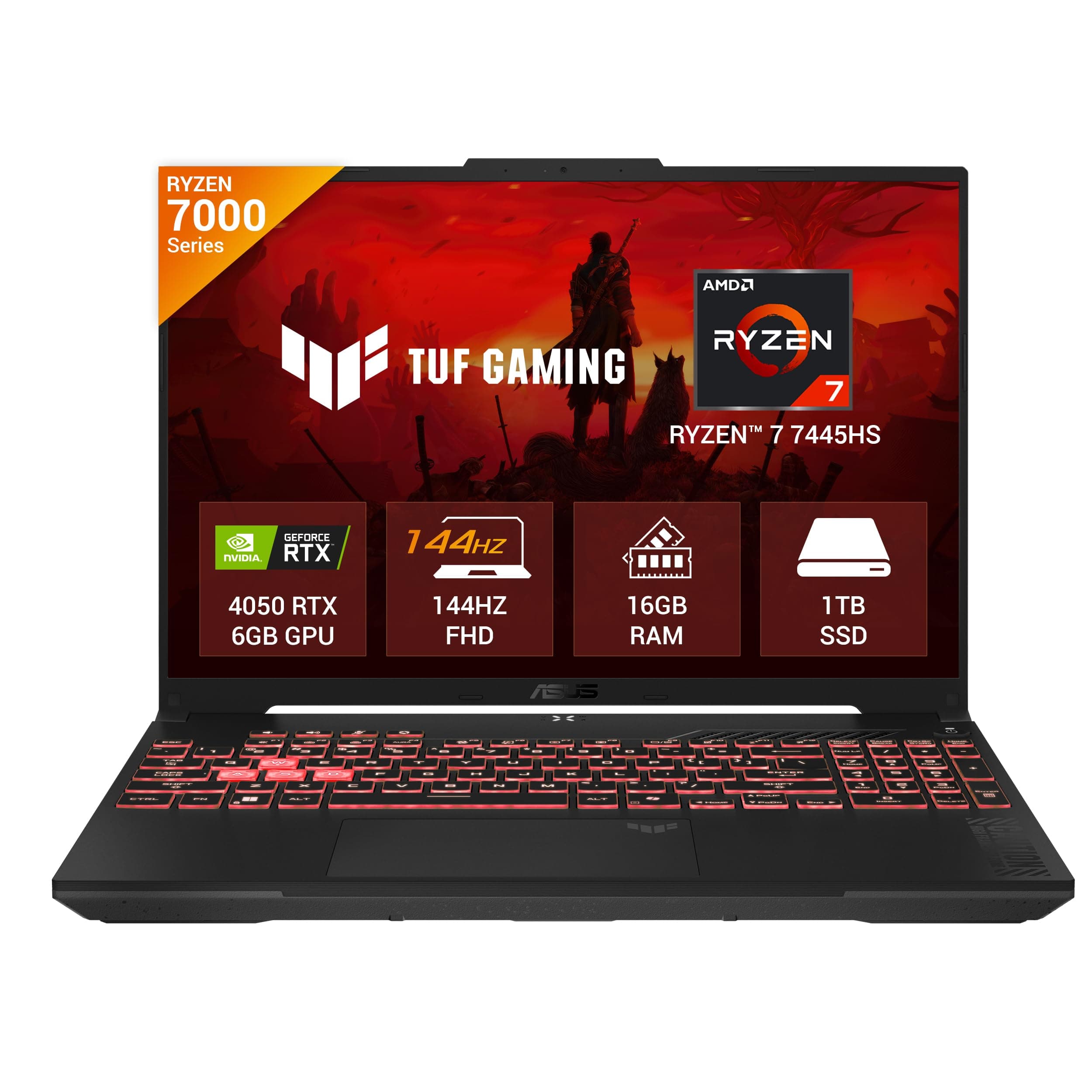 ASUS TUF A16, AMD Ryzen 7 7445HS, Gaming Laptop (RTX 4050-6GB/140W TGP/16GB RAM/1TB SSD/FHD+/16"/144Hz/56Whrs/Windows 11/M365 Basic (1Year)*/Office Home 2024/Mecha Gray/2.2Kg) FA607NUG-RL189WS