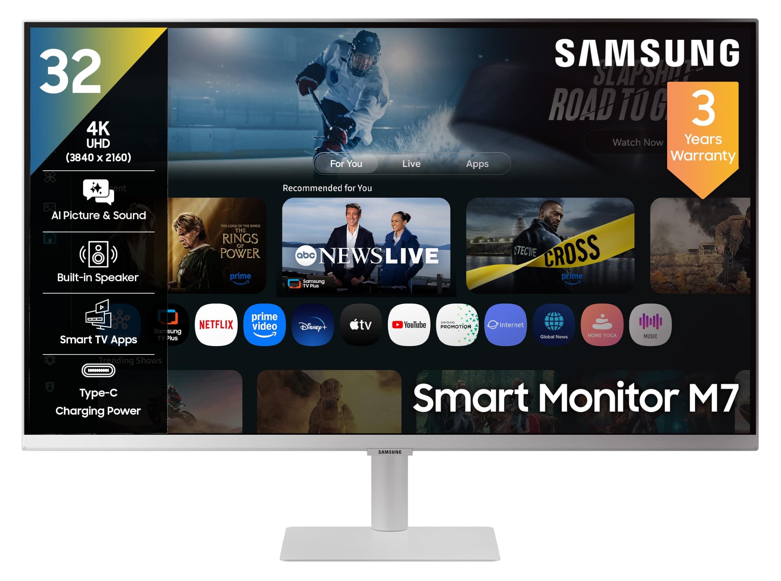 Samsung M7 Series 32 Inch (80 cm) Vision AI Smart Monitor, 4K (3840x2160), in-Built Speaker, Smart TV Apps, AirPlay, 60Hz, 4ms, Wi-Fi, Bluetooth, USB, USB-C, Wireless Display (LS32FM701UWXXL, White)