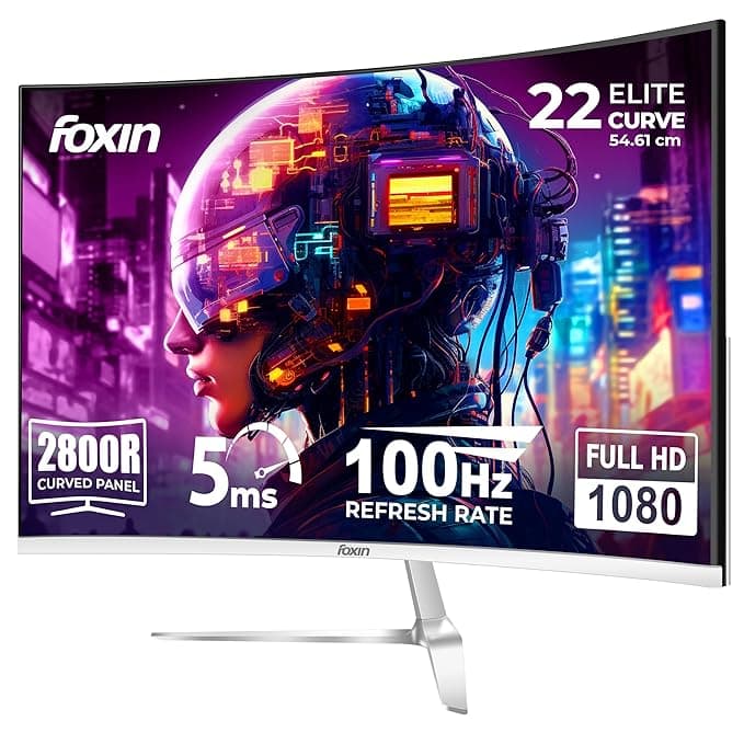 Foxin Elite 22 Inch Curved LED Monitor | FHD 1080p | 100Hz Frameless & Anti-Glare | HDMI & VGA | 5ms | Wall Mountable | 2800R Curve | Curved PC Monito...
