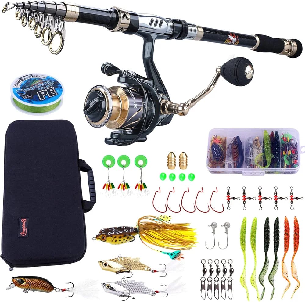 Sougayilang Fishing Rod and Reel Combos,Carbon Fiber Telescopic Fishing Rod-Spinning Reel 13 +1 BB with Suitcase Fishing Kit-5.9ft+EC2000