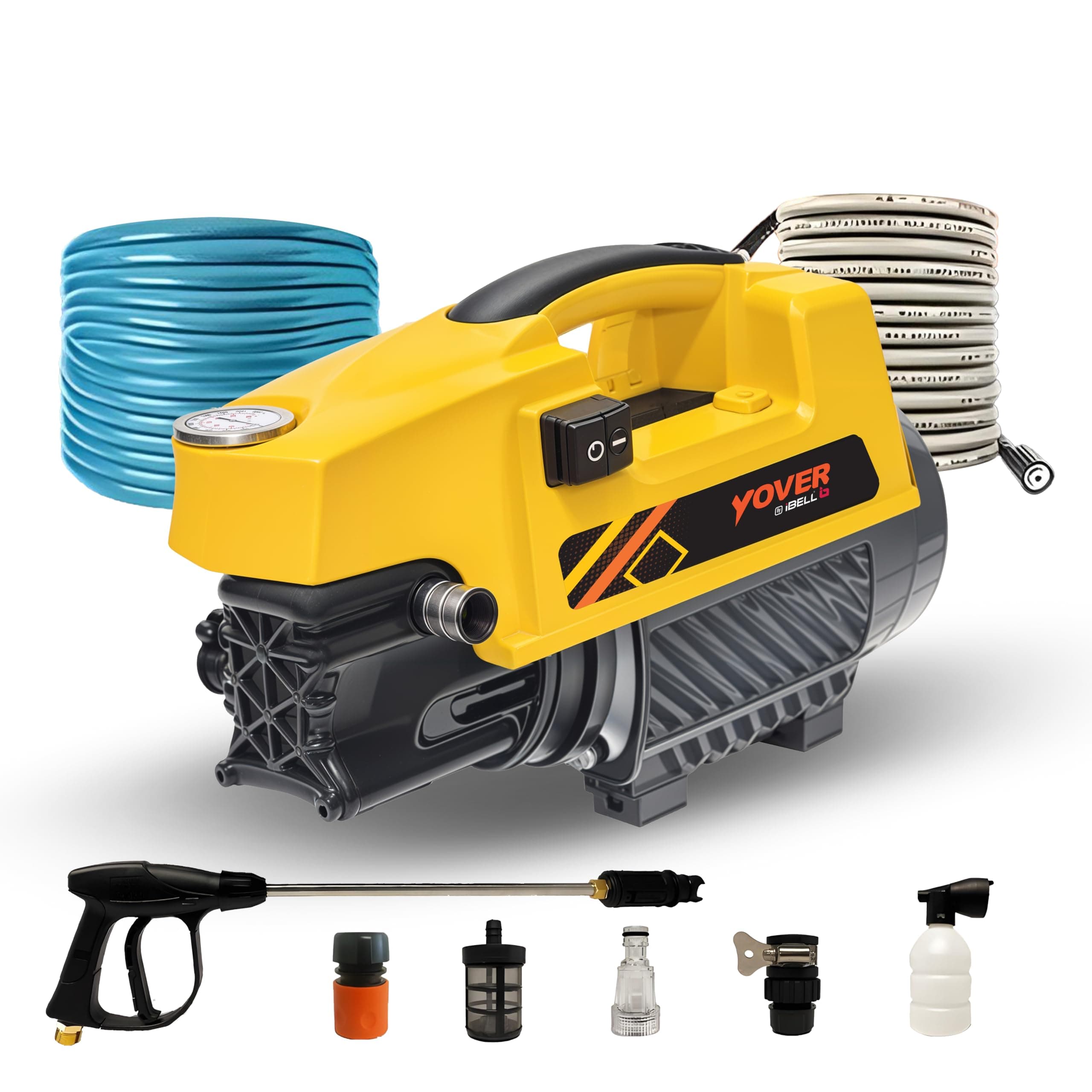 IBELL Yover YO1800 Induction Motor High Pressure Washer, 1800 Watts Motor, 120 Bars, 6.5 L/Min Flow Rate, 8 Meters Outlet Hose, Portable, for Car, Bik...