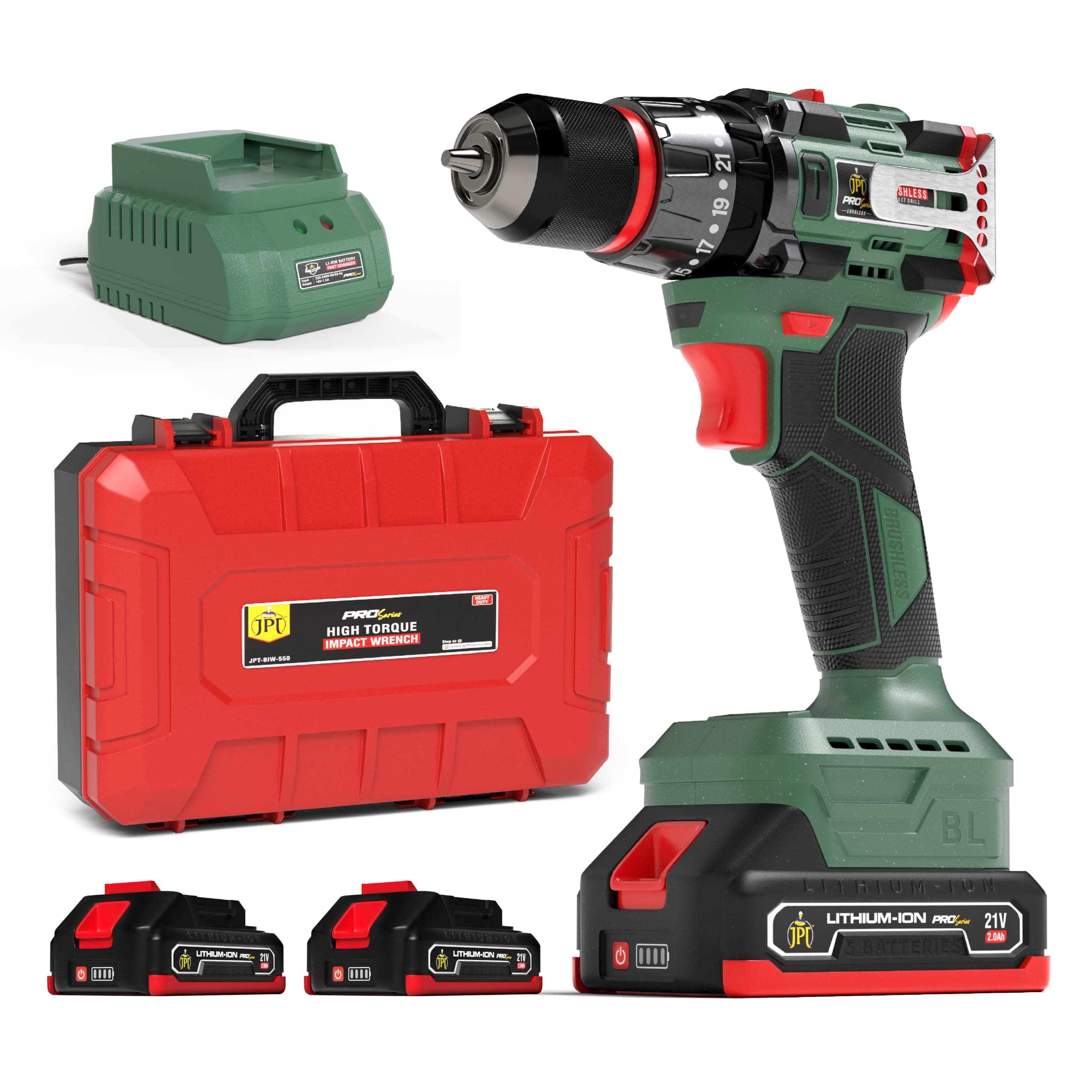 JPT Pro Series 21V Brushless Cordless Drill with 2 Batteries & Fast Charger, 10MM Metal Keyless Chuck, 2-Speed, 25+3 Torque, 65NM High Torque For Prof...