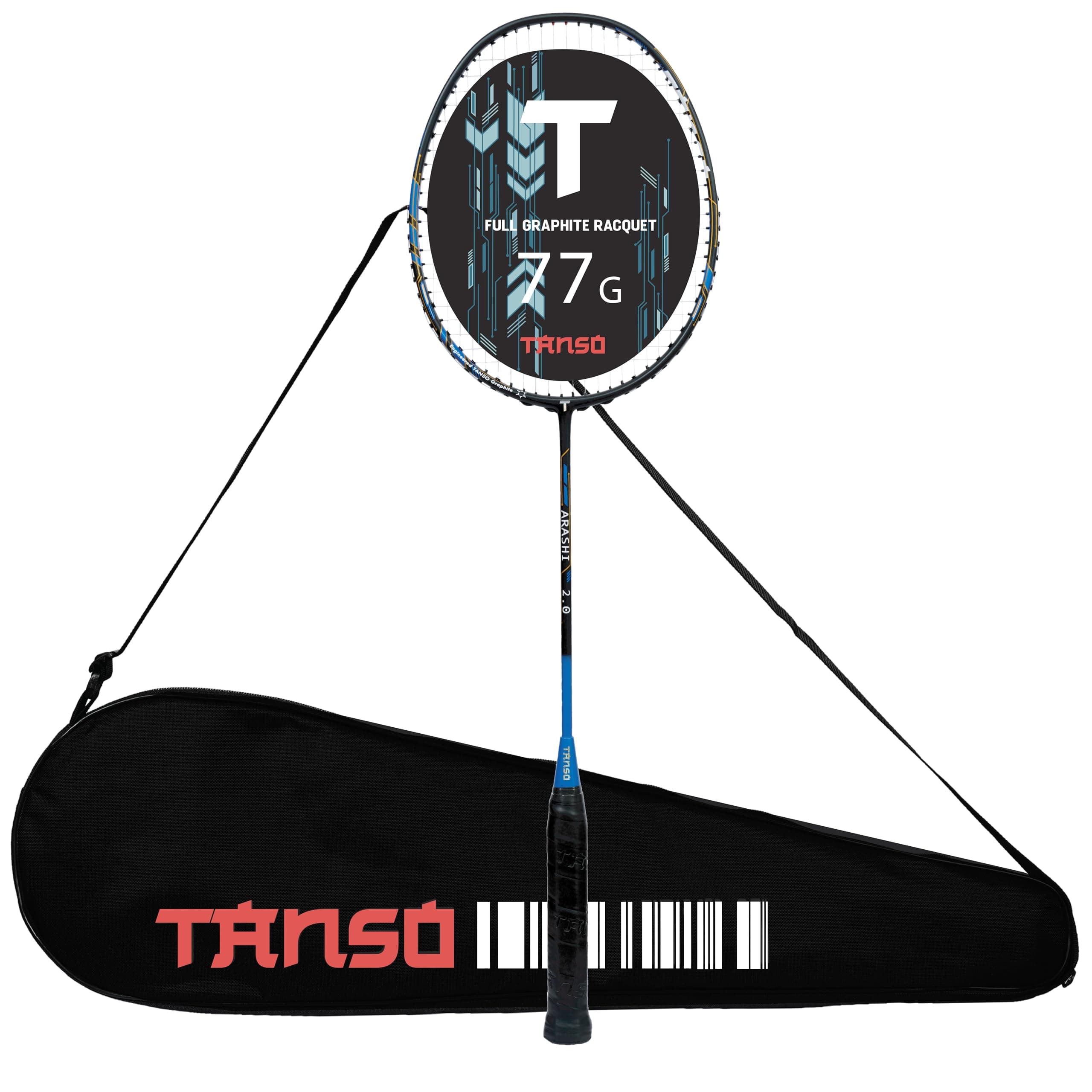 TANSO Arashi 1.0 Full Graphite High Performance Strung Badminton Racket with Free Full Racquet Cover (77 Grams, 30 Lbs Tension, Strung with T65 Premiu...