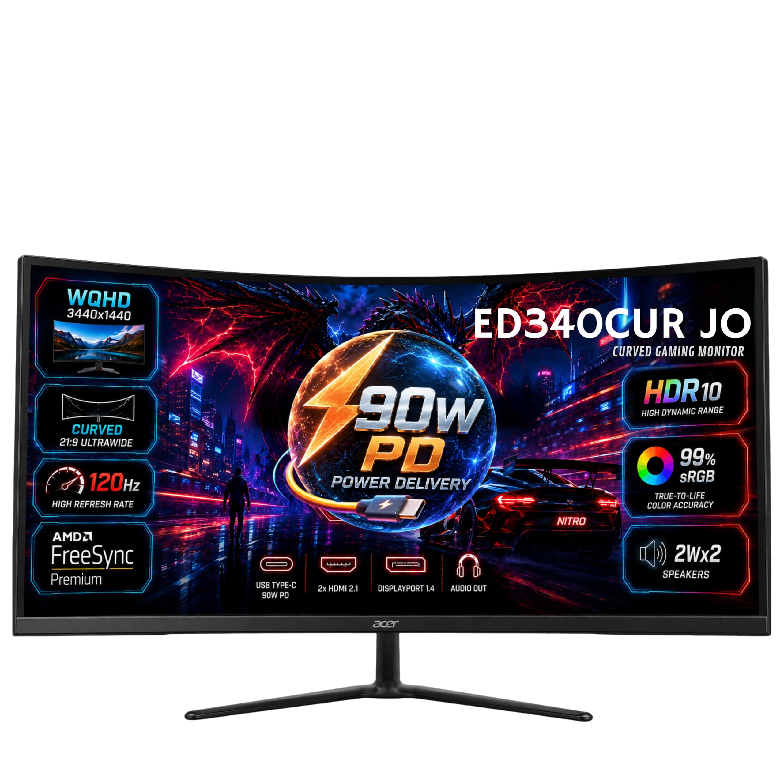 Acer Nitro ED340CUR J0 34-inch UWQHD Curved Gaming Monitor | 3440x1440 | 120Hz | 1ms VRB | 1500R | USB-C 90W PD | AMD FreeSyn