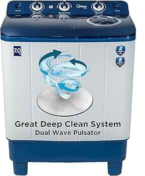 Midea 7 KG Semi Automatic Top Loading Washing Machine Appliance, Rust proof Body, Air Dry Function with 1350 RPM (MWMSA070PCH, Blue White)