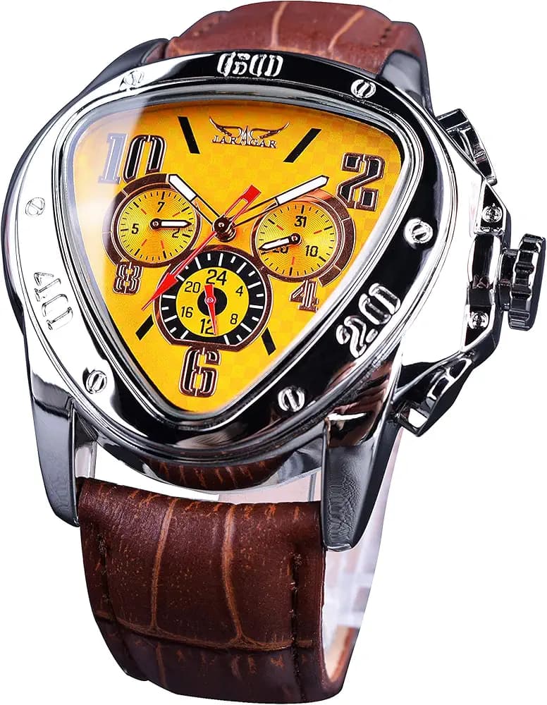 Winner Fashion Mechanical Wrist Watch Triangle Racing Dial, Waterproof Golden Skeleton Dial Automatic Movement Leather Design Mechanical Watch for Men