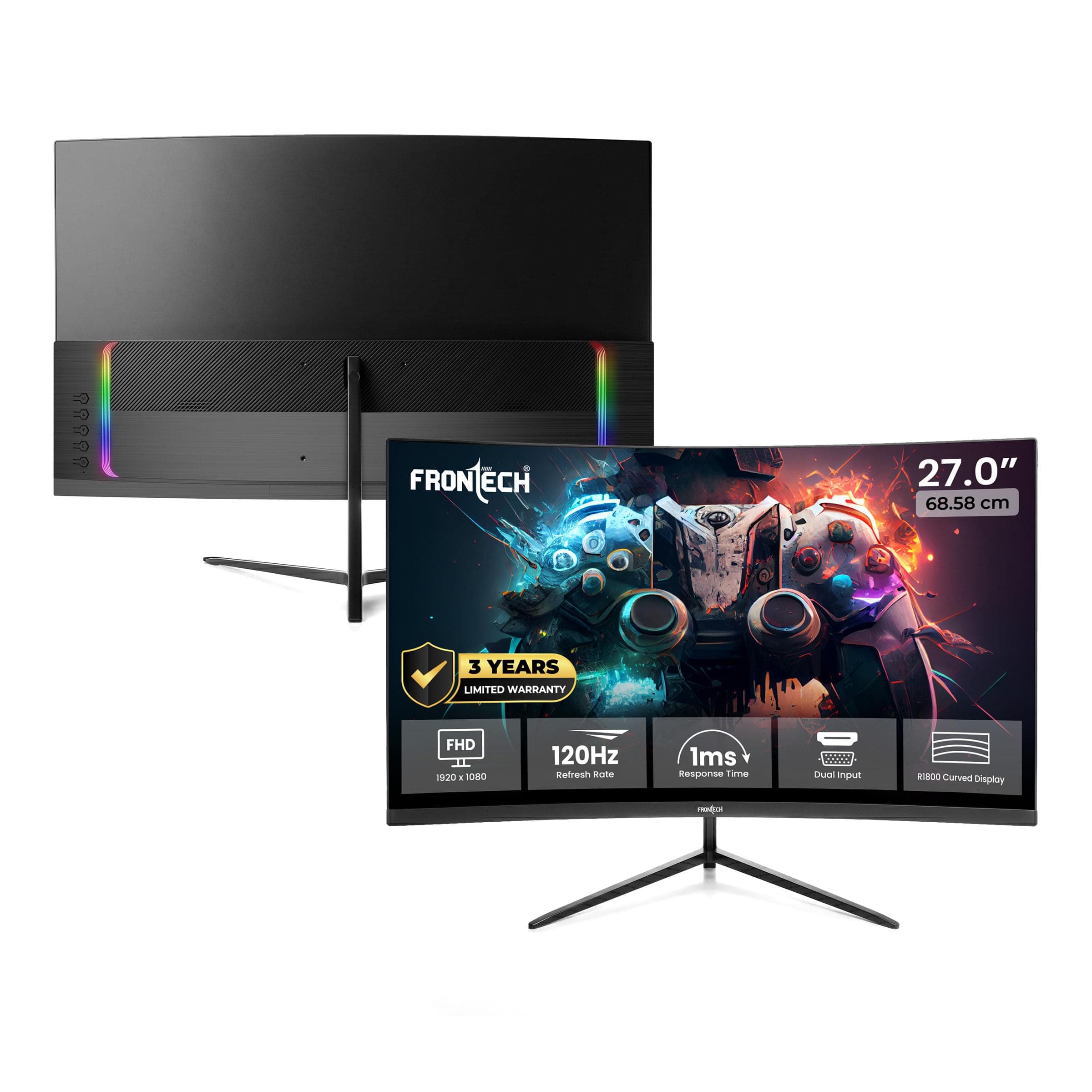 FRONTECH 27-Inch (68.58 cm) Curved Gaming LED Monitor | Full HD 1080p | 120Hz Refresh Rate | RGB Lights | HDMI & VGA Dual Input | Wall Mountable | 3 Y...