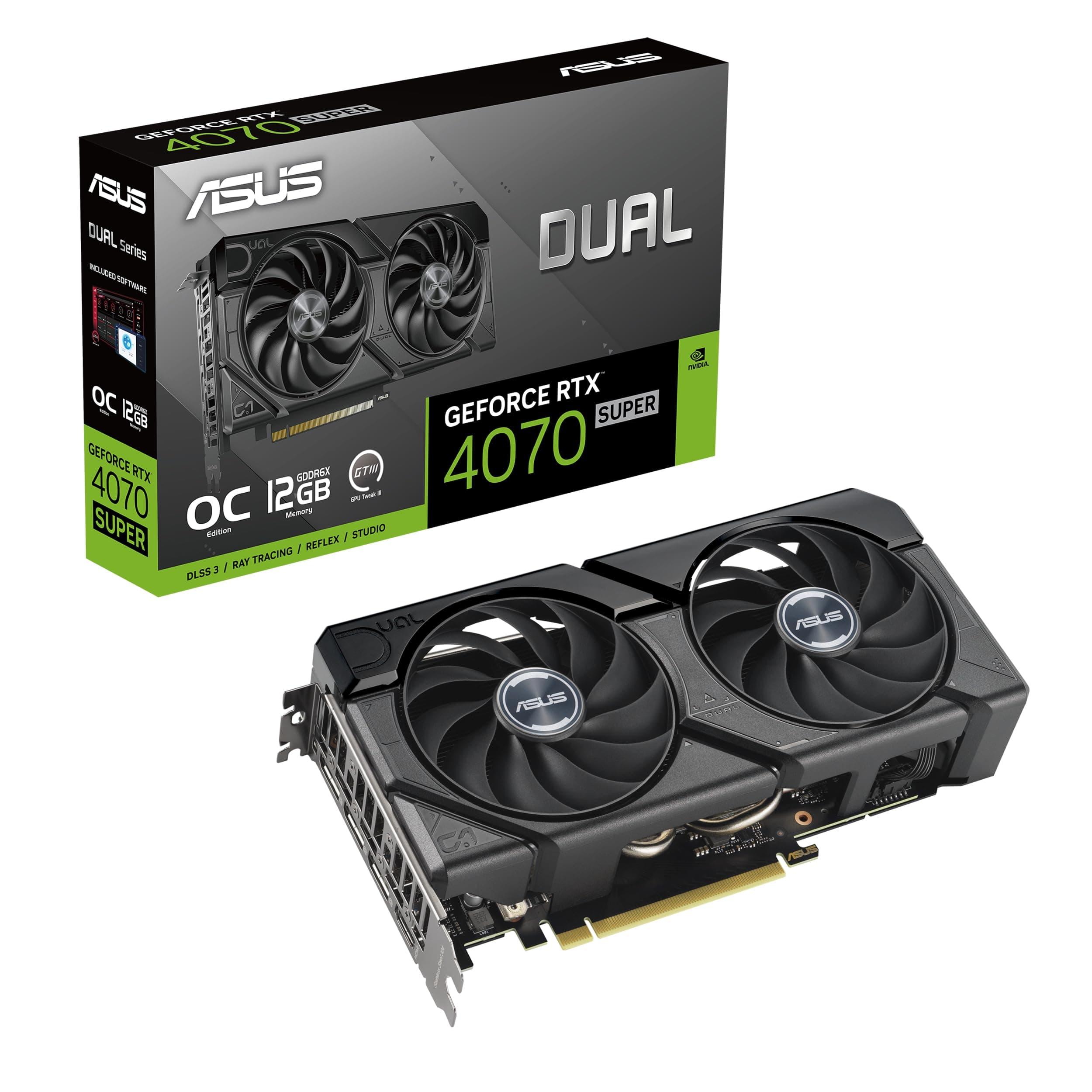 ASUS Dual GeForce RTX 4070 SUPER EVO OC Edition 12GB GDDR6X (PCIe 4.0, 12GB GDDR6X, DLSS 3, HDMI 2.1a, DisplayPort 1.4a, 2.5-slot design, Axial-tech f...