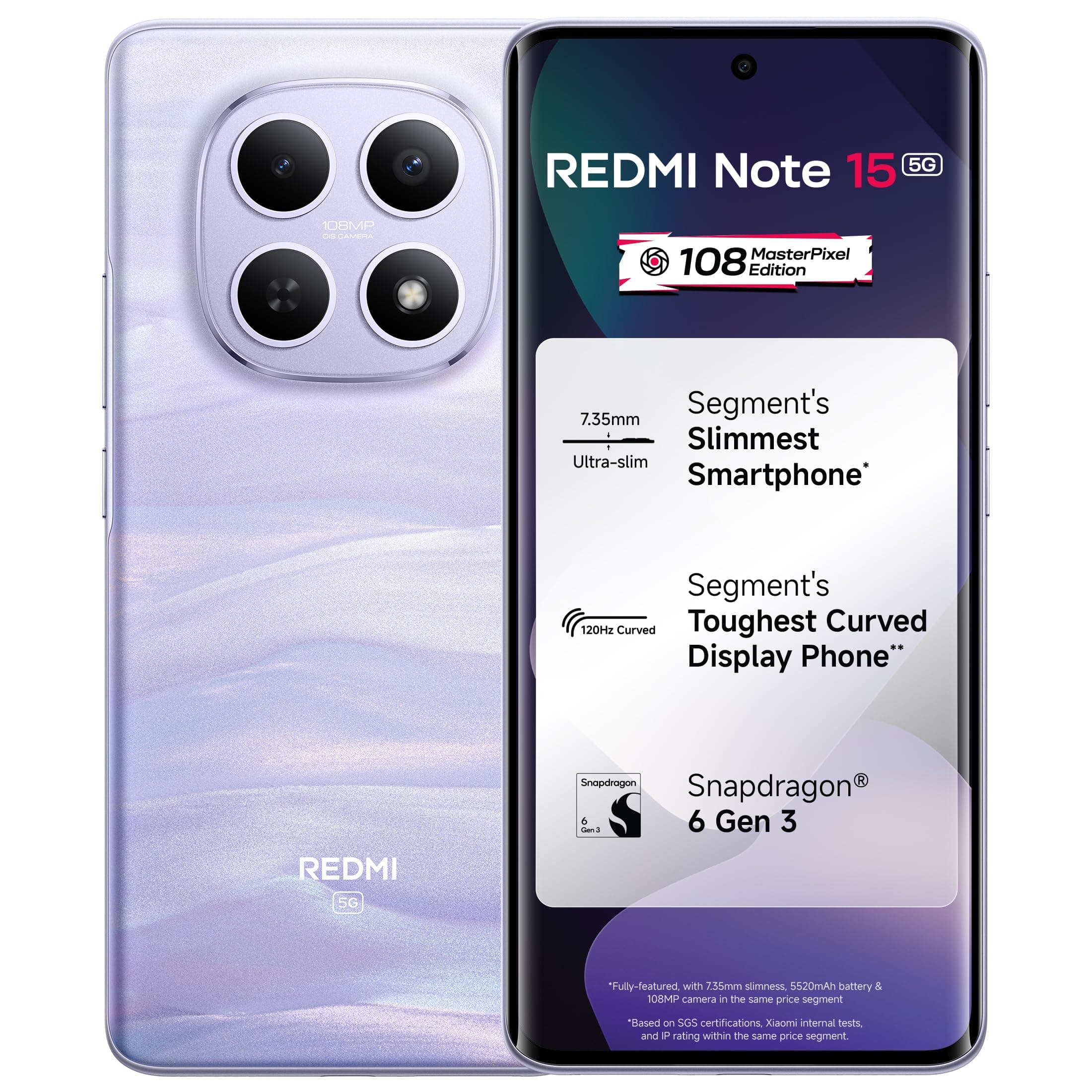 REDMI Note 15 5G (Mist Purple, 8GB RAM 128GB Storage) | 108MP OIS Camera | Snapdragon 6 Gen 3 | 17.2cm Tough Curved AMOLED Screen | Segments Slimmest ...