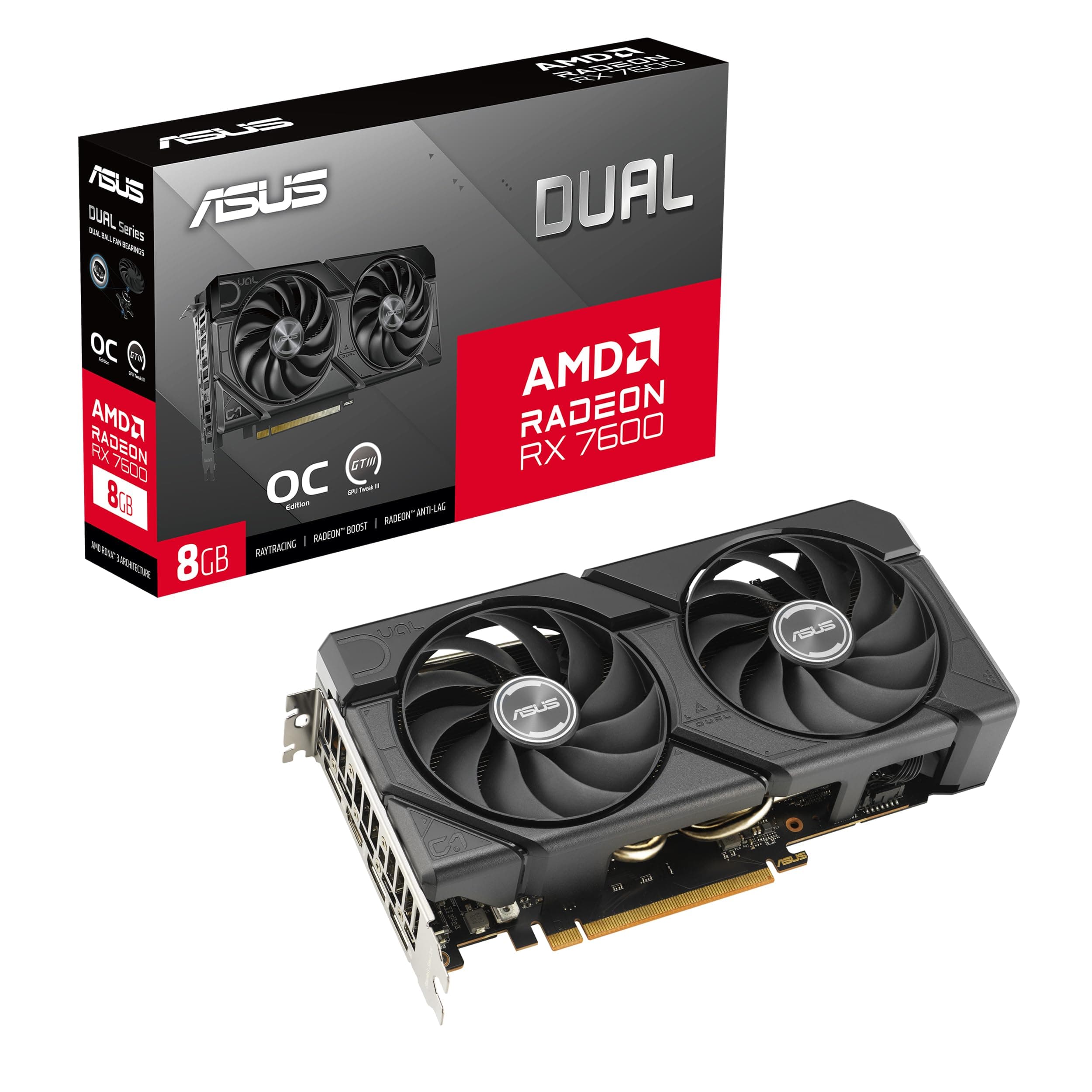 ASUS Dual Radeon RX 7600 EVO OC Edition 8GB GDDR6 (PCIe 4.0, 8 GB GDDR6, HDMI 2.1, DisplayPort 1.4a, 2.5-Slot Design, Axial-tech Fans, GPU Tweak III)