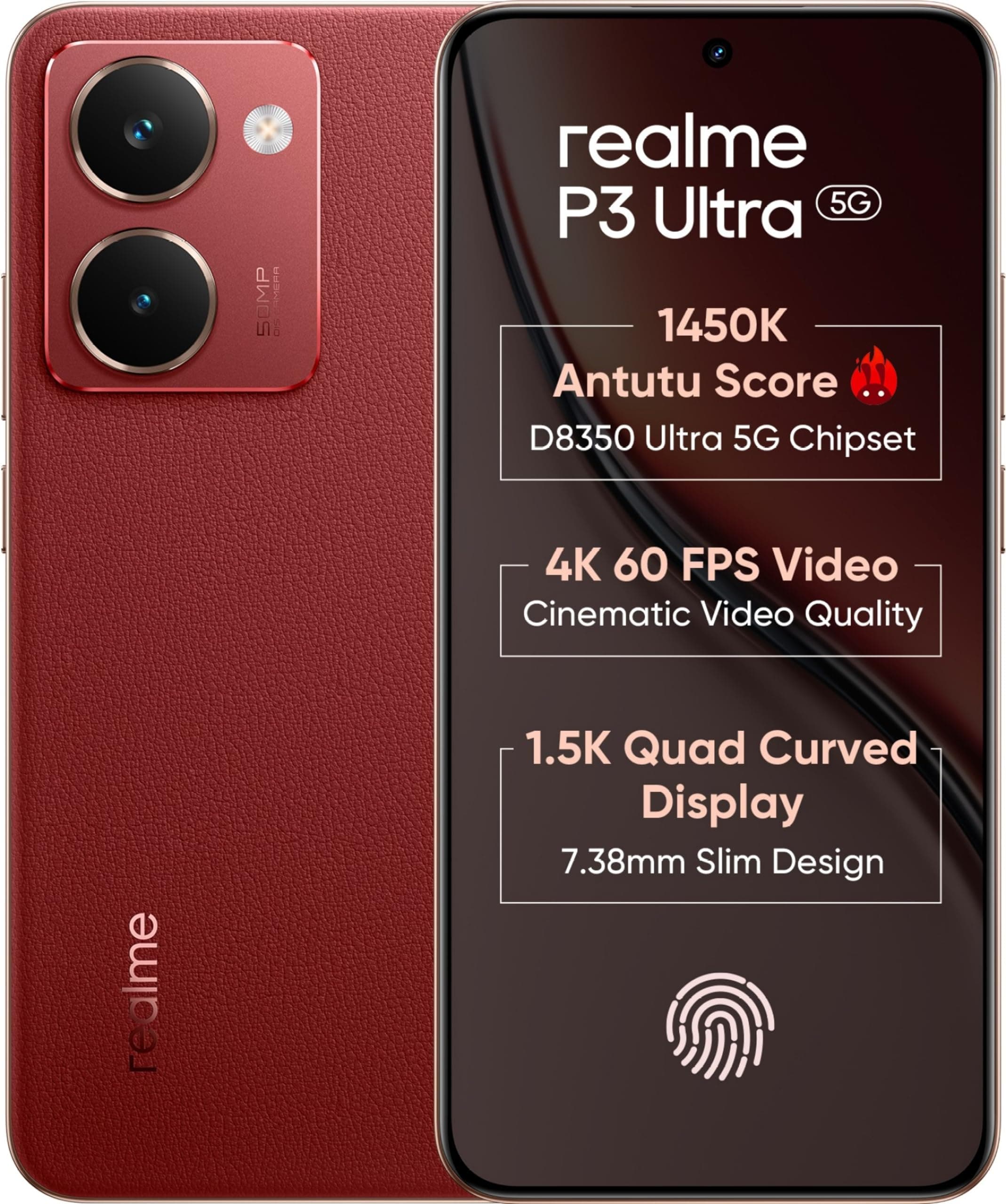 realme P3 Ultra 5G (Orion Red, 8GB RAM, 256GB Storage) | Dimensity 8350 Ultra | 50MP+8MP Camera | 16MP Front | 6.83 120Hz AMOLED | 6000mAh Battery | 8...