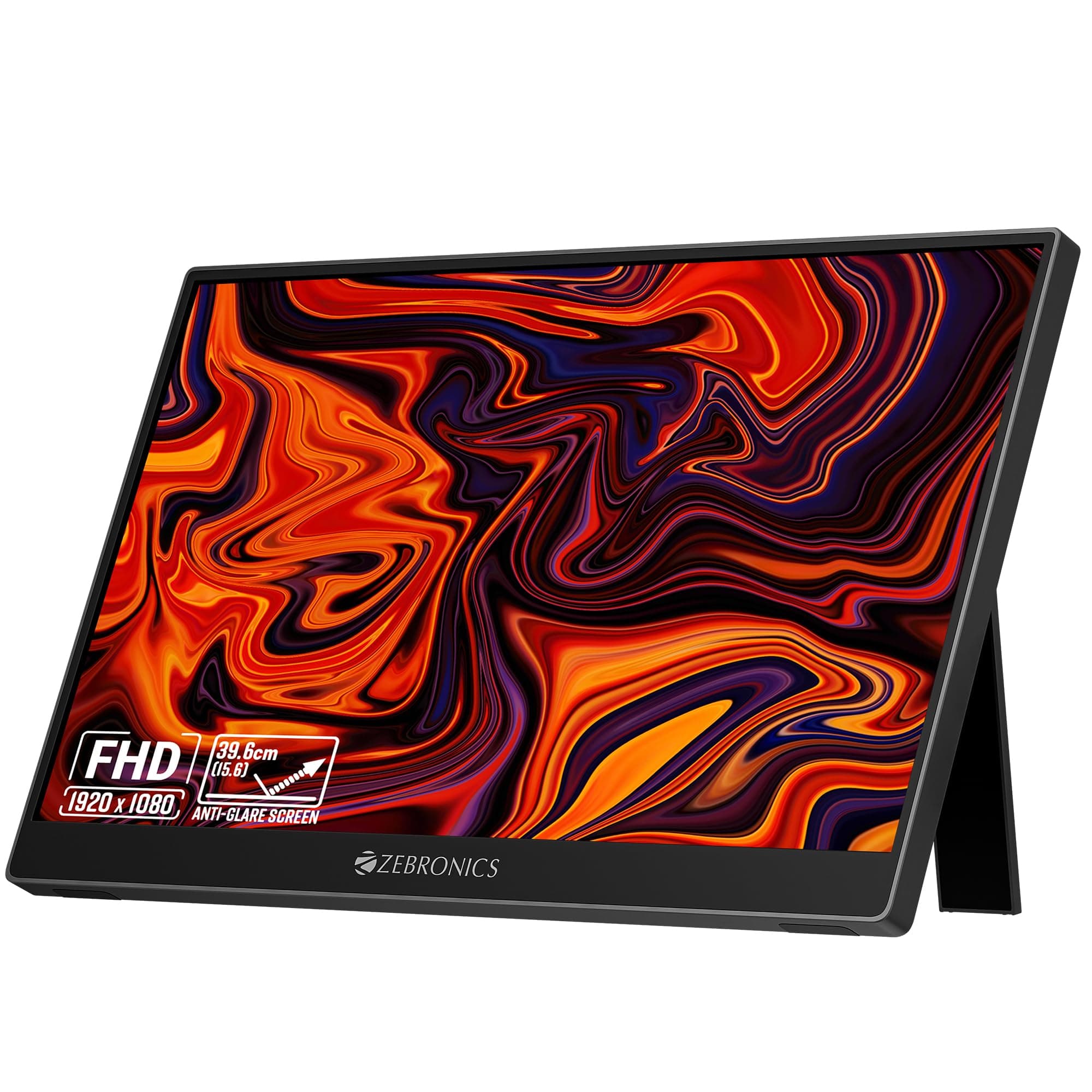 Zebronics 15.6 Portable Monitor, FHD 1080p, 60 Adjustable Stand, 16:9 Aspect Ratio, 250Nits, 16.7M Colors, Type-C PD Input, Type-C Input, Mini HDMI, B...
