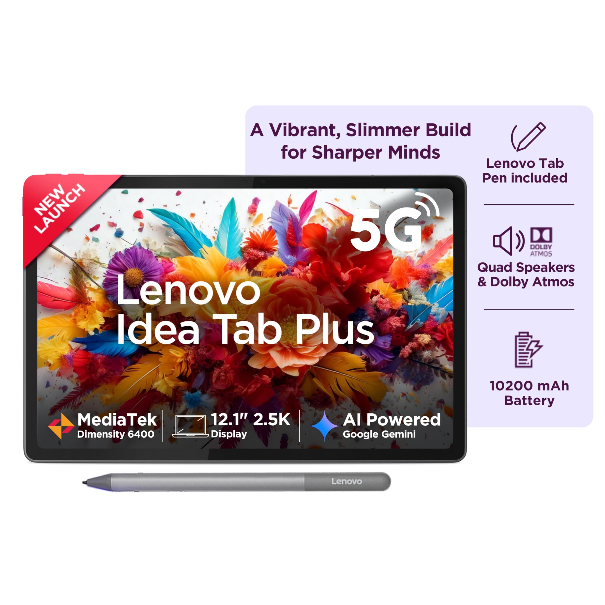 Lenovo Idea Tab Plus with Pen | WiFi +5G |12.1" 2.5K Display, 800nits Peak Brightness |8GB RAM + 256GB ROM (Expandable Upto 2TB)| MediaTek Dimensity 6...