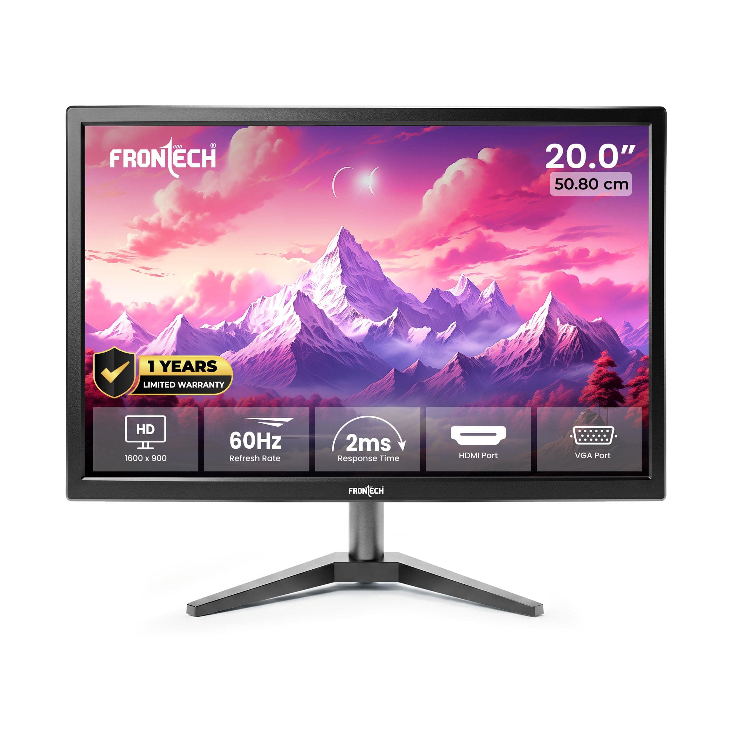 FRONTECH 20 Inch (50.8 cm) with 1600 x 900 Pixels LED Monitor | Refresh Rate 75 Hz | Slim and Stylish Design | Wall Mountable | 16.7M Colors | HDMI & VGA Ports (Black) | 1 Year Warranty