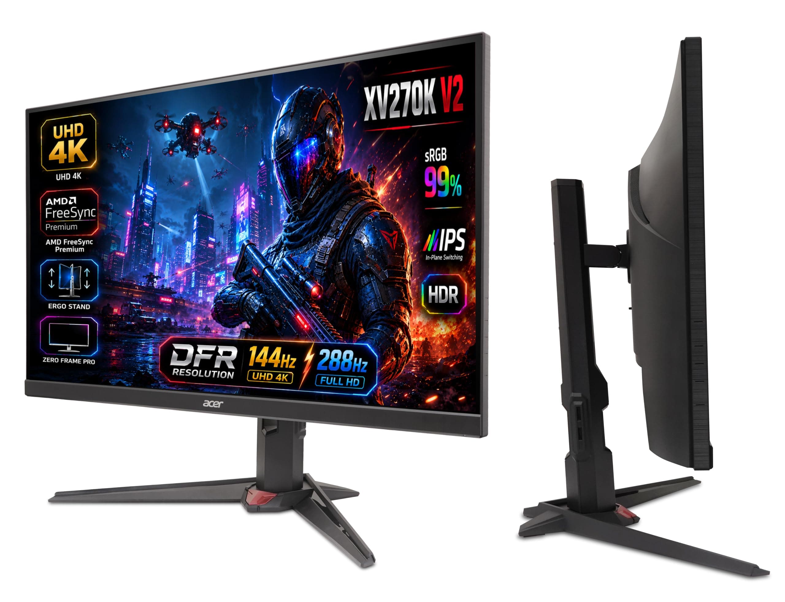 Acer Nitro XV270K V2 27 Inch 4K UHD IPS Gaming Monitor | 144Hz | DFR FHD 288Hz | 1ms VRB | HDR10 | 99% sRGB | AMD FreeSync Premium | Ergo Stand | HDMI...