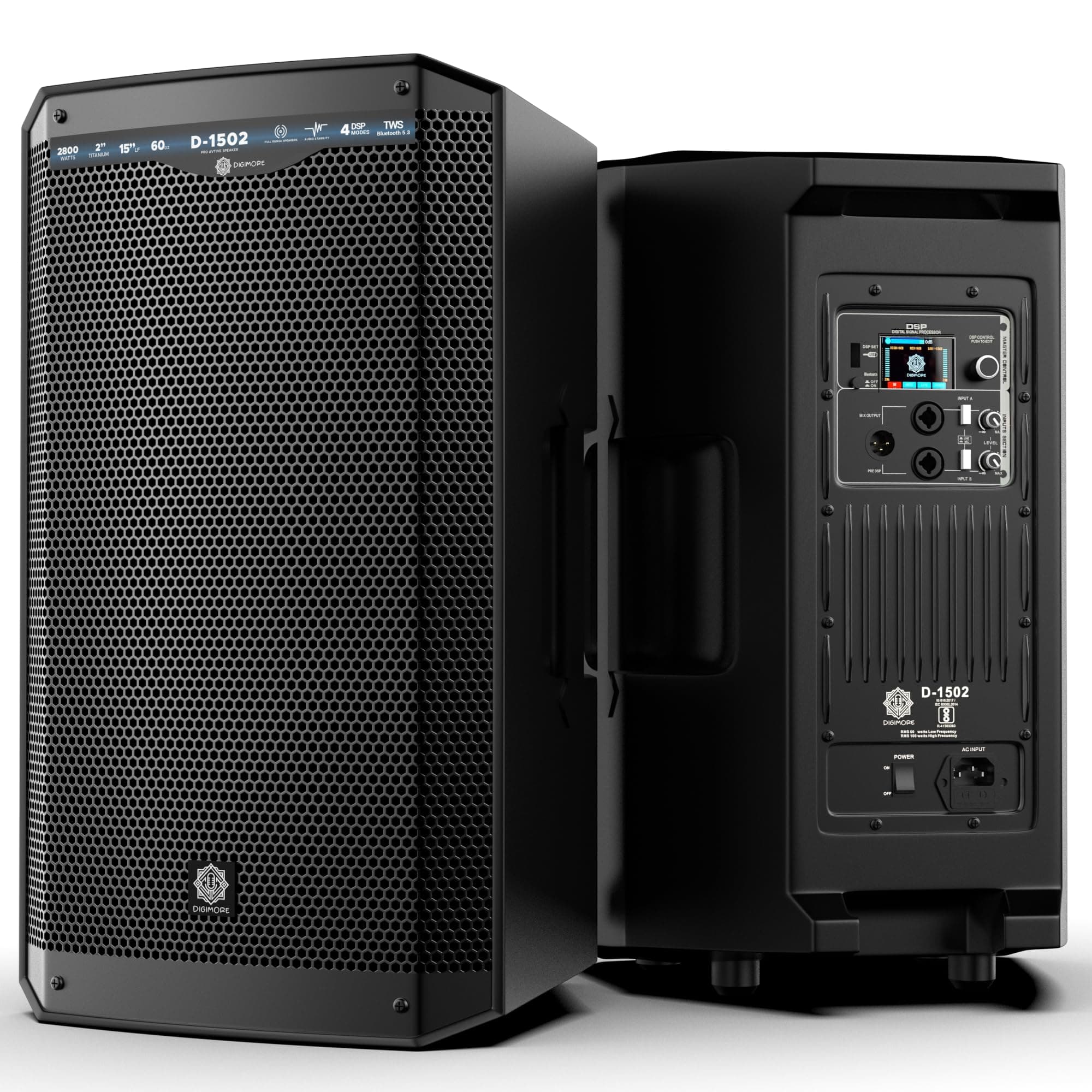 DIGIMORE 2800W Active Speaker with 15" Woofer & 2" Titanium HF | BT 5.3 & TWS | 4 DSP Modes | 2 XLR/6.35mm Input Ports | Class-D Amplifier | Ideal for...