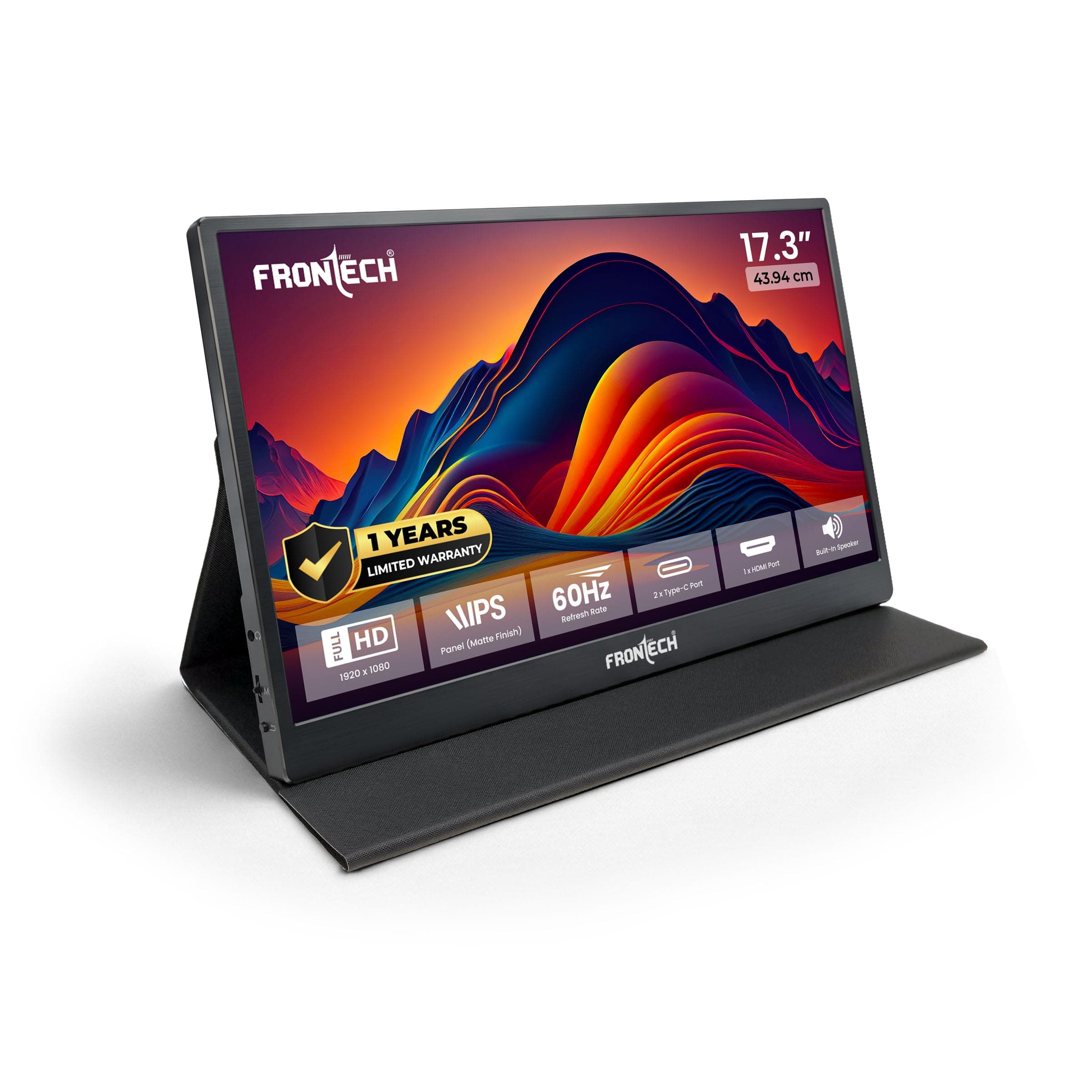 FRONTECH 17.3" Portable LED Monitor | Full HD 19201080 IPS Display | 60Hz Refresh Rate | Mini HDMI & Dual Type-C Ports | Built-in Speaker | Kickstand ...