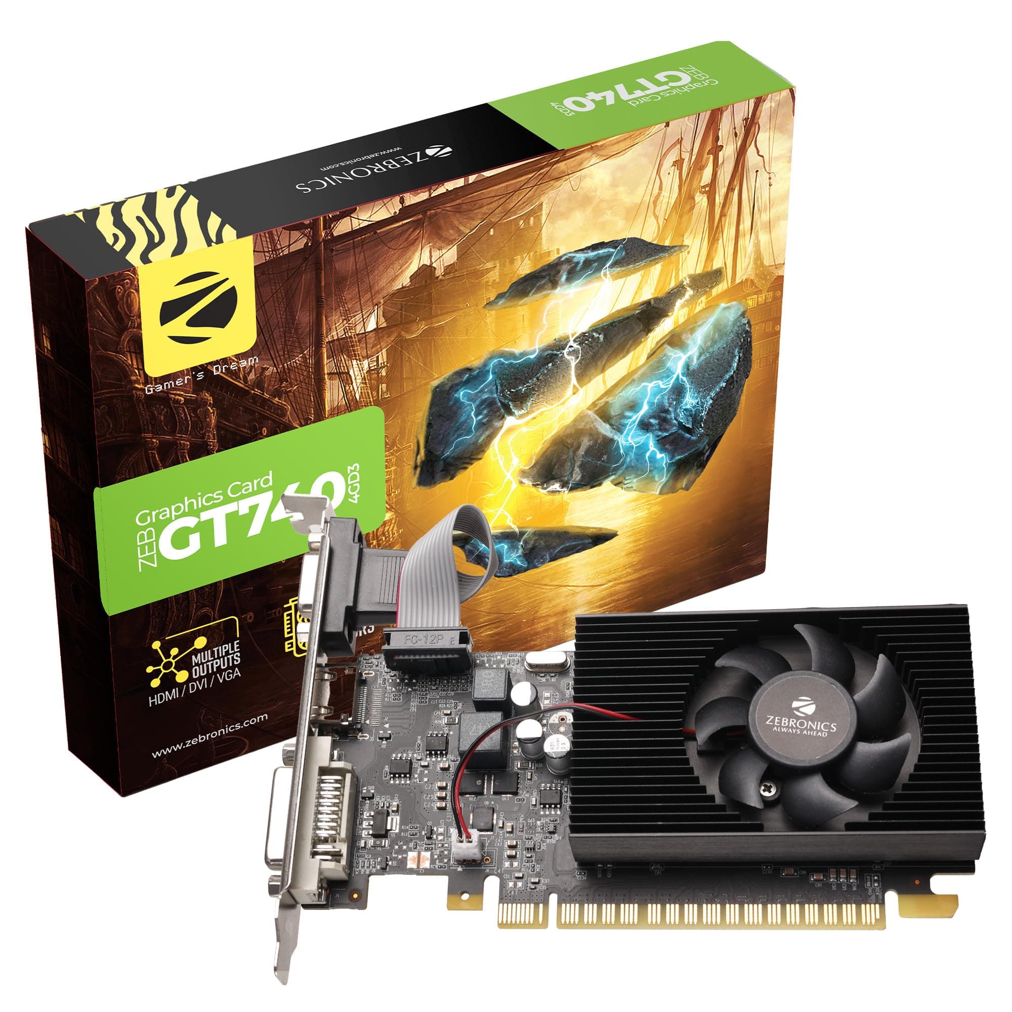 ZEBRONICS GT740-4GD3 Graphics Card, Powered by NVIDIA, 4GB GDDR3, 128-bit, PCIe3.0, upto 2560 x 1440 @60Hz, Multiple Outputs - HDMI | DVI | VGA, PhysX...