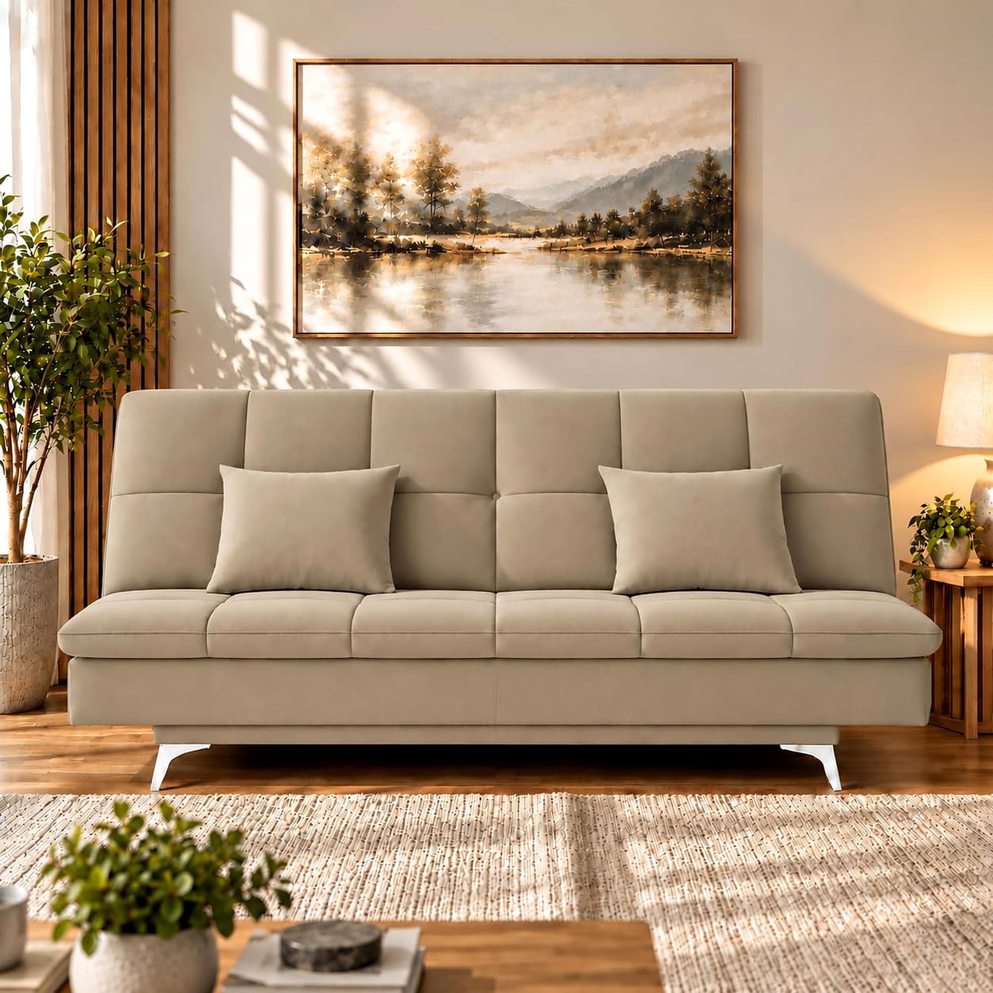 Adorn India Premium New Aspen 3 Seater Sofa Cum Bed 4X6 Velvet Suede with 2 Cushions (Color Light Beige) and Suitable for All Indoor, with 3 Years Warranty