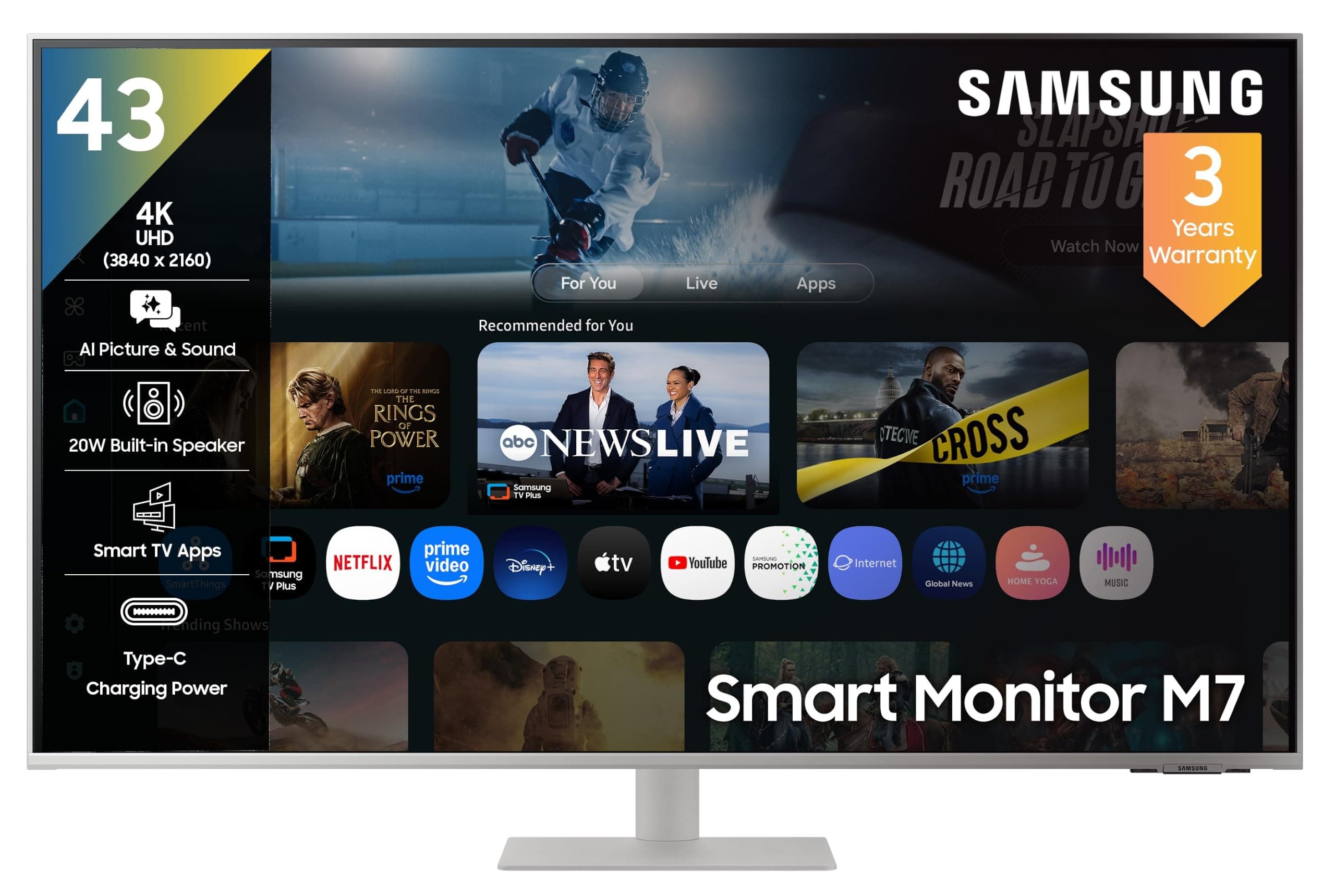 Samsung 43"(1.08m) 4K M7 Vision AI Smart Monitor|UHD 3840 x 2160|Smart TV Experience with AI|Type-C|Apple AirPlay|Gaming Hub|Remote|Speakers|Wi-Fi|Blu...