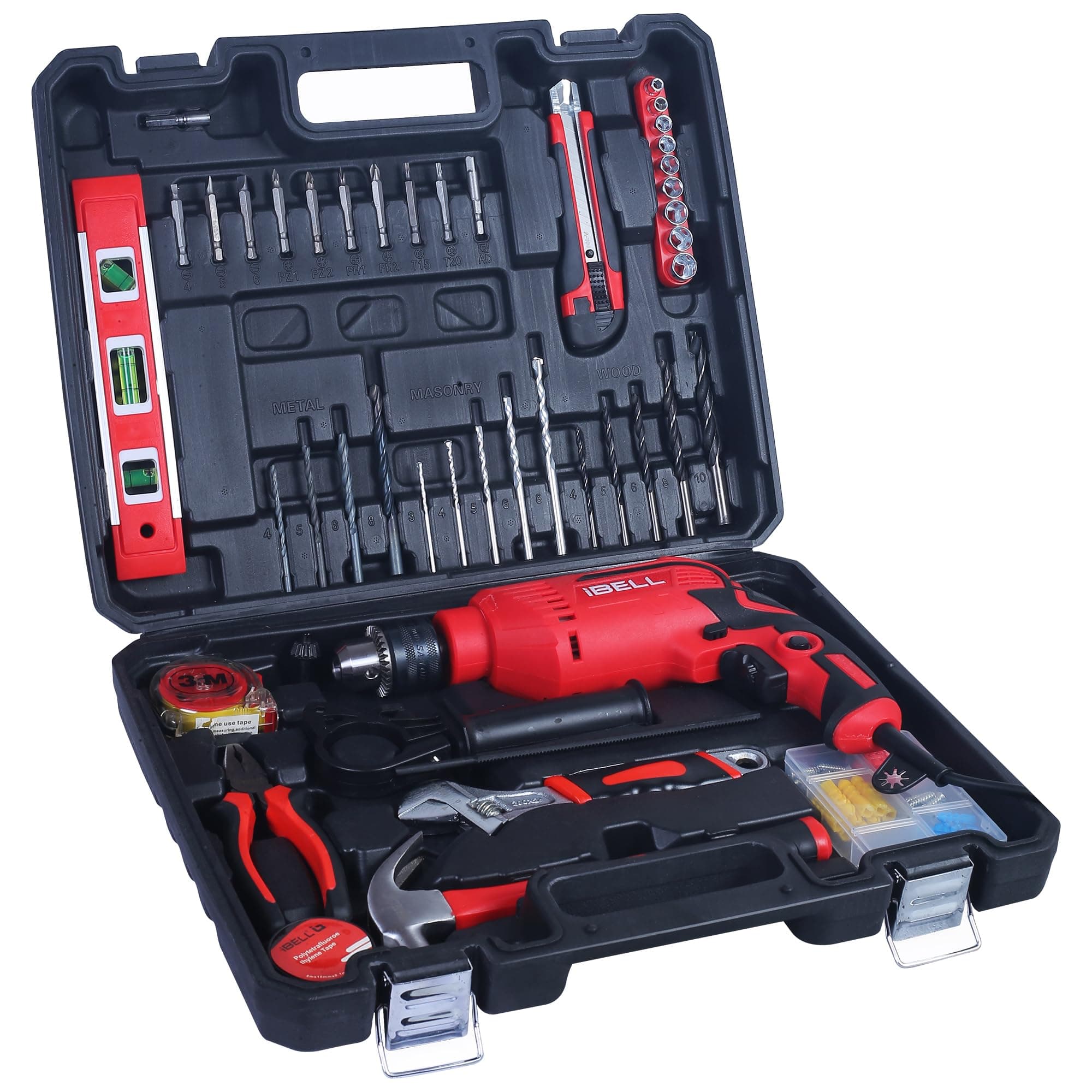 IBELL Professional Tool Kit with Impact Drill 500RE, 650W, Copper Armature, Chuck 13mm, 101 Home Essential Tools/Accessories.