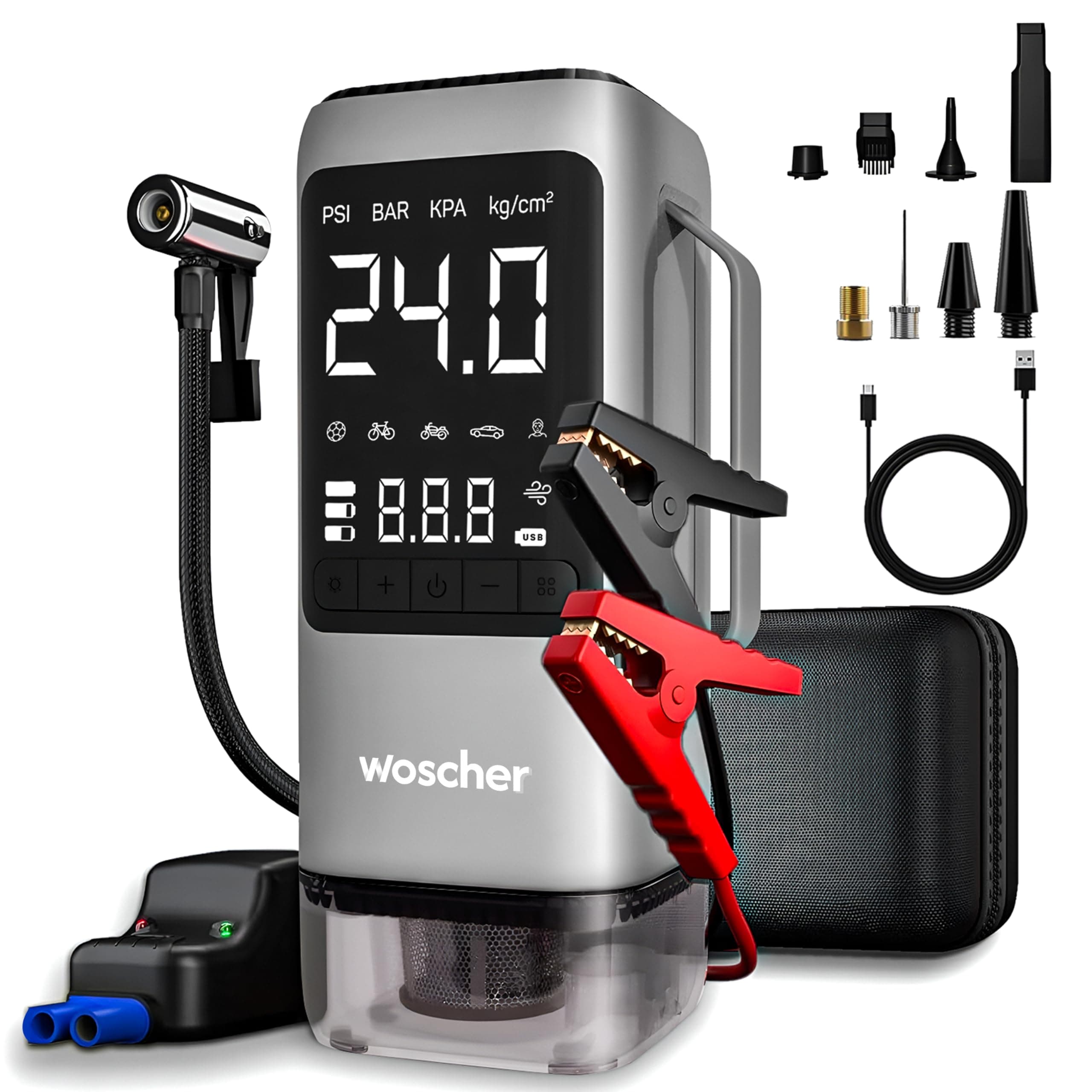 Woscher i5 6 in1 Jump Starter Battery, Digital Tyre Inflator 150PSI & Vacuum Cleaner, 8000mAh|Portable Power Bank|LED Light| 6L Petrol/3.0L Diesel Veh...