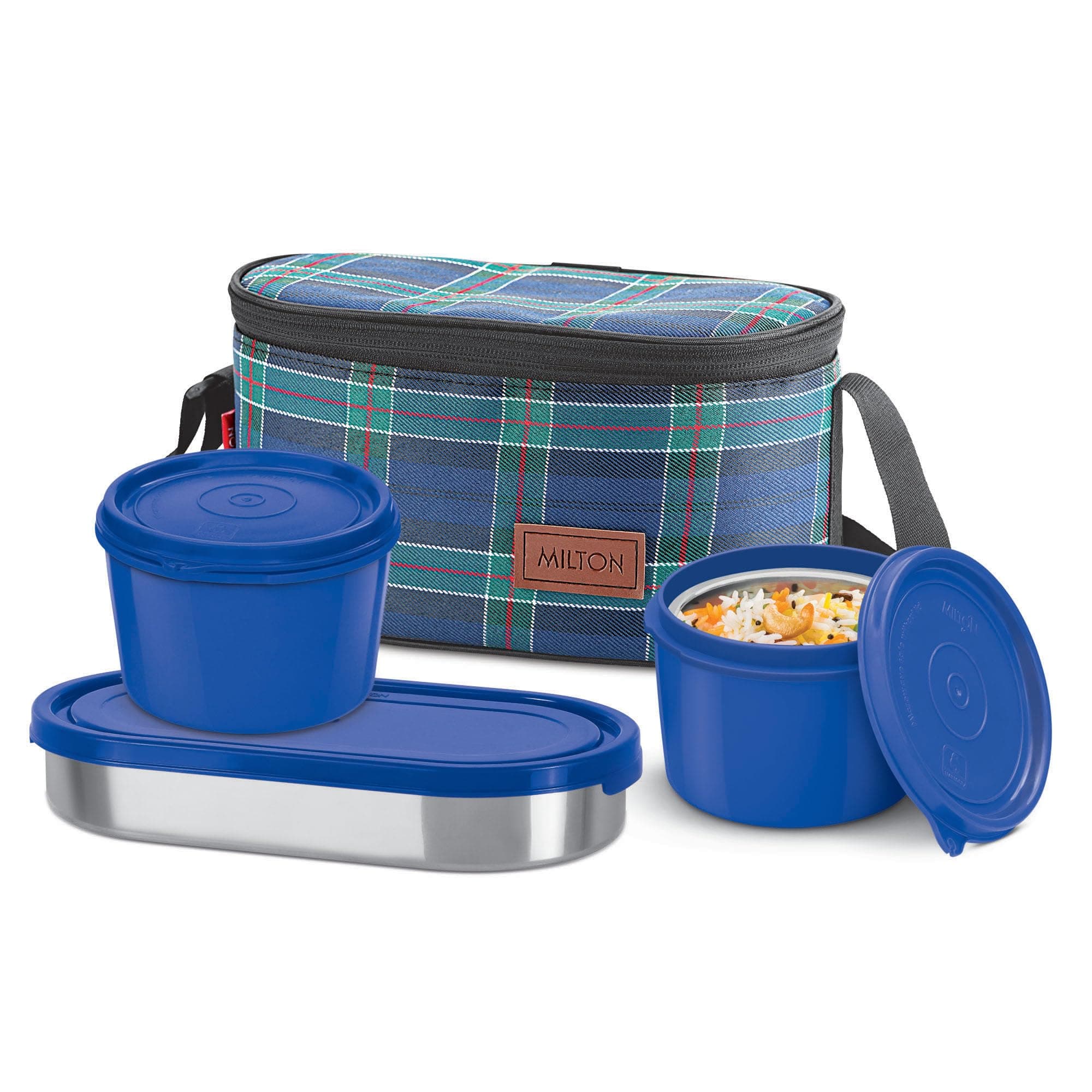 MILTON Decker Lunch Box, Leak Proof & Microwave Safe, 3 Inner Steel Containers (475ml, 475ml, 500ml), Insulated Fabric Bag, Full Meal & Easy to Carry ...
