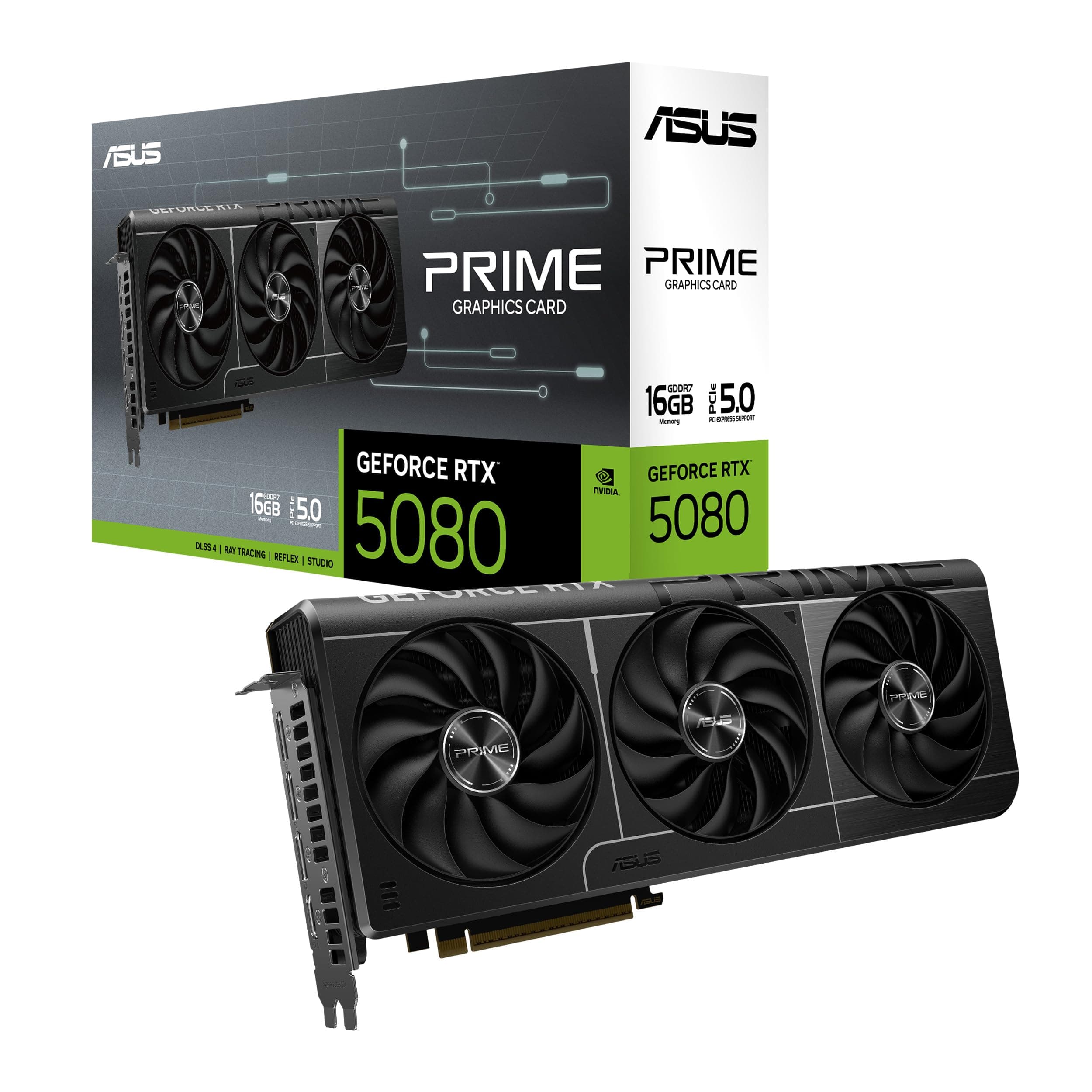 ASUS Prime GeForce RTX 5080 16GB GDDR7 Graphics Card (PCIe 5.0, HDMI/DP 2.1, 2.5-Slot, Axial-tech Fans, Vapor Chamber, Dual BIOS)