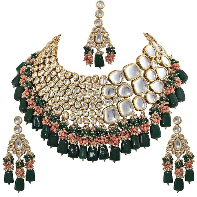 Lucky Jewellery 18K Gold Plated Multicolor Kundan Stone/Uncut Kundan/Dibbi Kundan/Meena Kundan/Lucknow Kundan with Tumble Drop Bridal Set for Girls & Women (8656-M4SK-1568-WPHG)