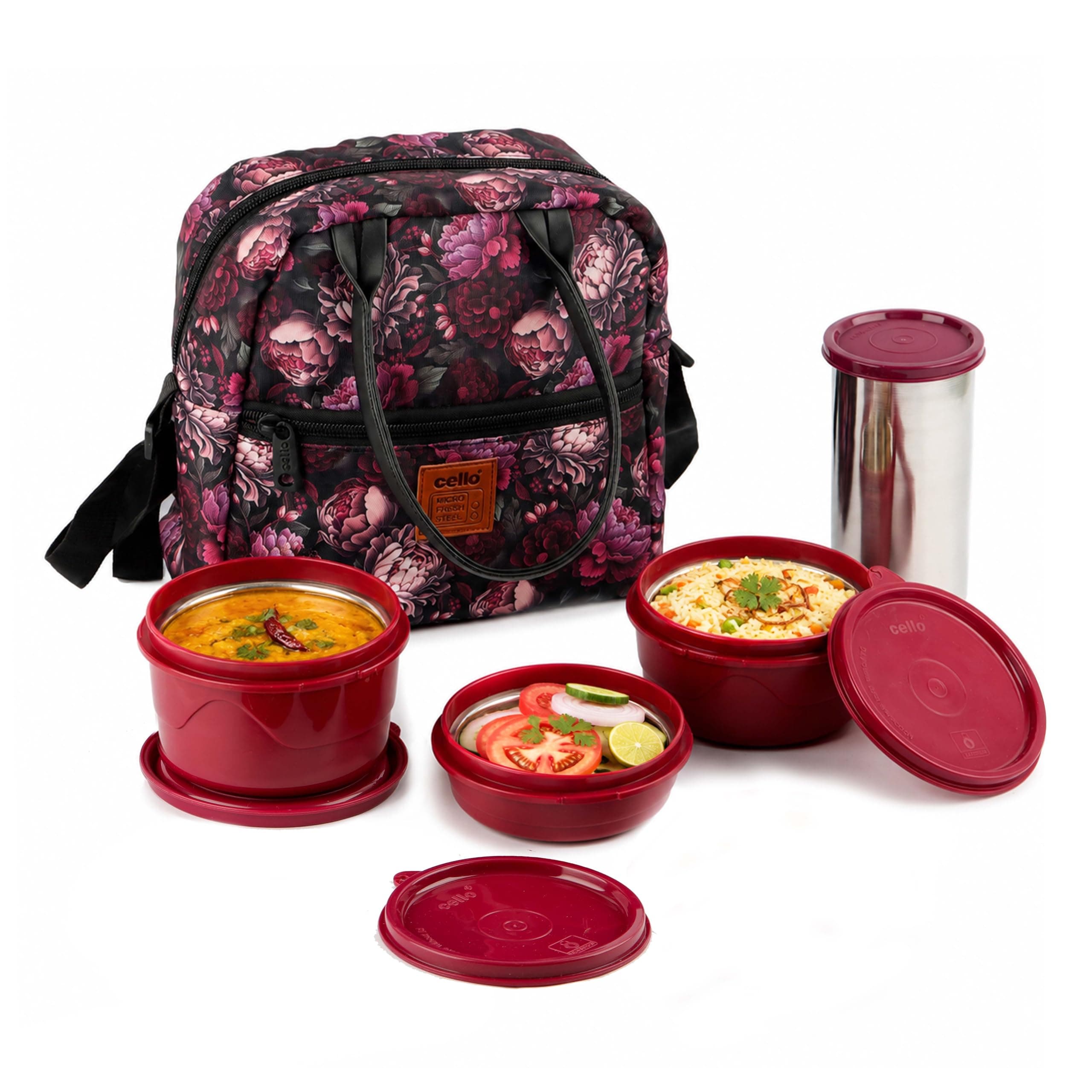 CELLO Bella Lunch Box with Bag for Office Use, Maroon | 225ml, 375ml, 550ml Microwave & Oven Safe Containers with 500ml Tu...