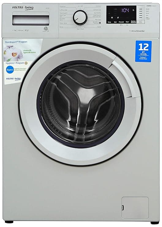Voltas Beko 7 Kg Inverter Fully-Automatic Front Loading Washing Machine, Inbuilt Heater, 26 Stain Remover (WFL70S, Silver) Washing Machines & Dryers