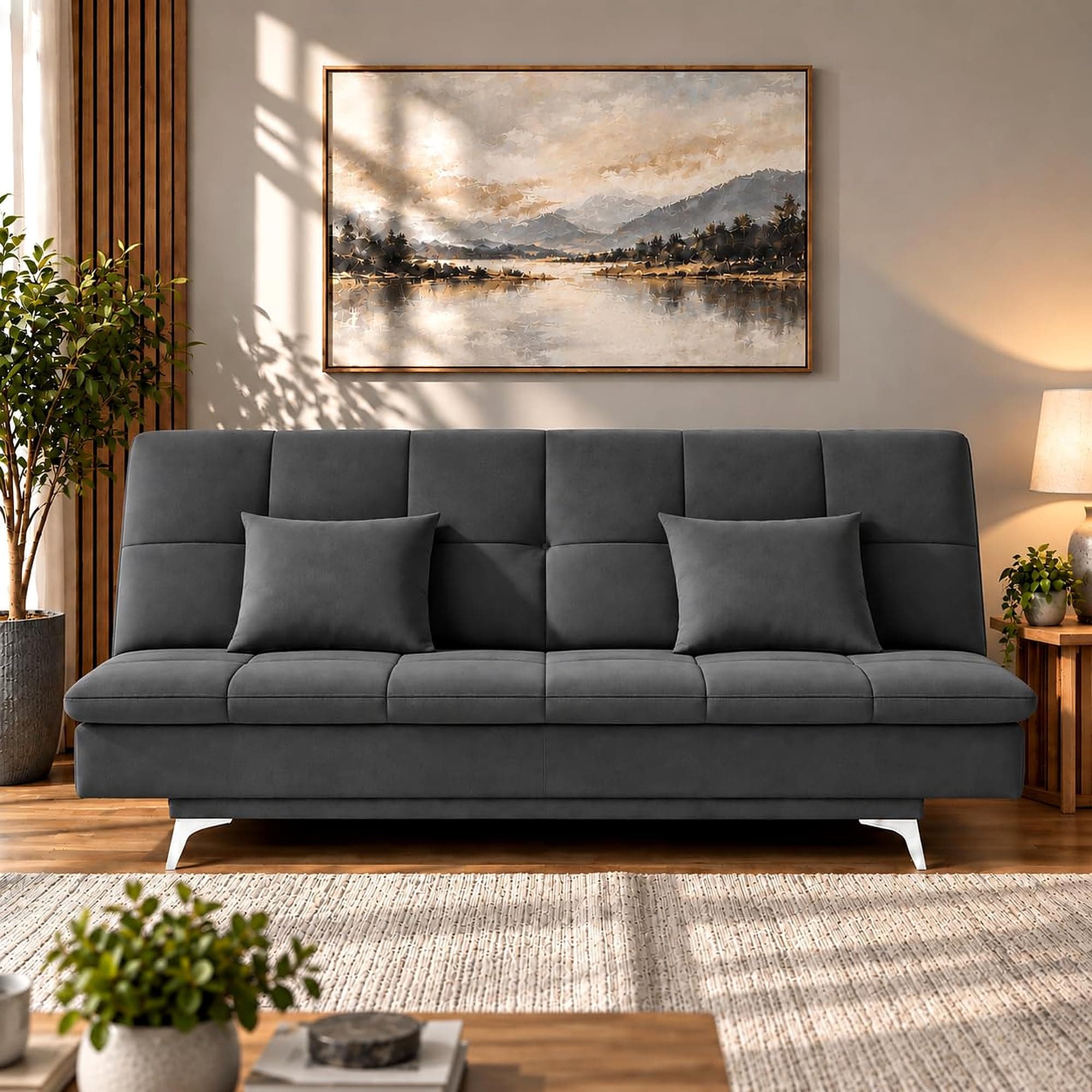 Adorn India Premium New Aspen 3 Seater Sofa Cum Bed 4X6 Velvet Suede with 2 Cushions (Color Dark Grey) and Suitable for All Indoor, with 3 Years Warra...