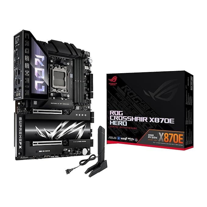 ASUS ROG Crosshair X870E Hero, AMD ATX motherboard, 18+2+2 power stages, DDR5 slots, PCIe 5.0 with full support for next-gen GPUs, five M.2 slots, Wi-Fi 7, USB4, AI Overclocking