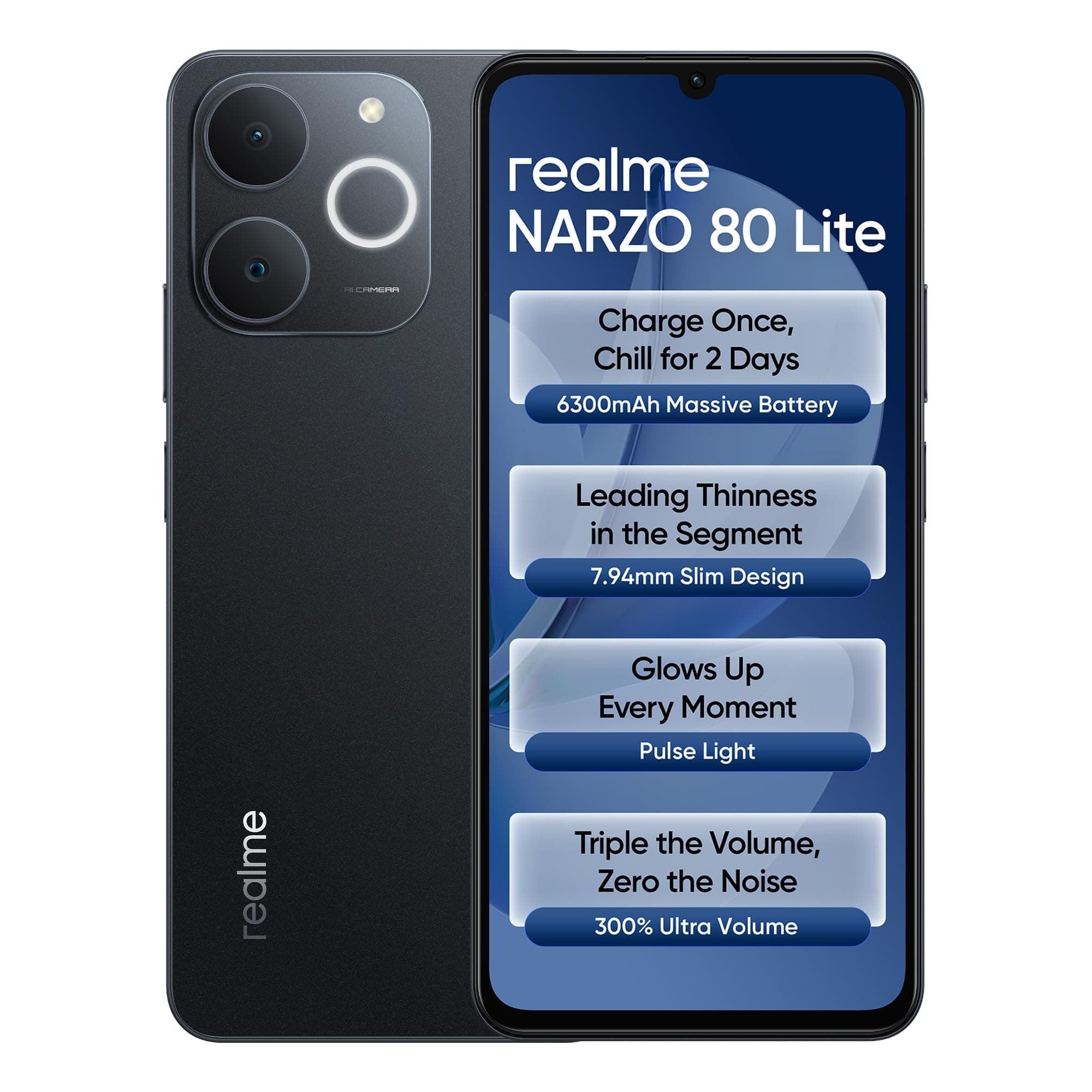 realme NARZO 80 Lite 4G (Obsidian Black, 4GB+64GB) | 6300mAh Segment's Biggest Battery | 7.94mm Slim Design | 300% Ultra Volume | Pulse Light: 9 Color...