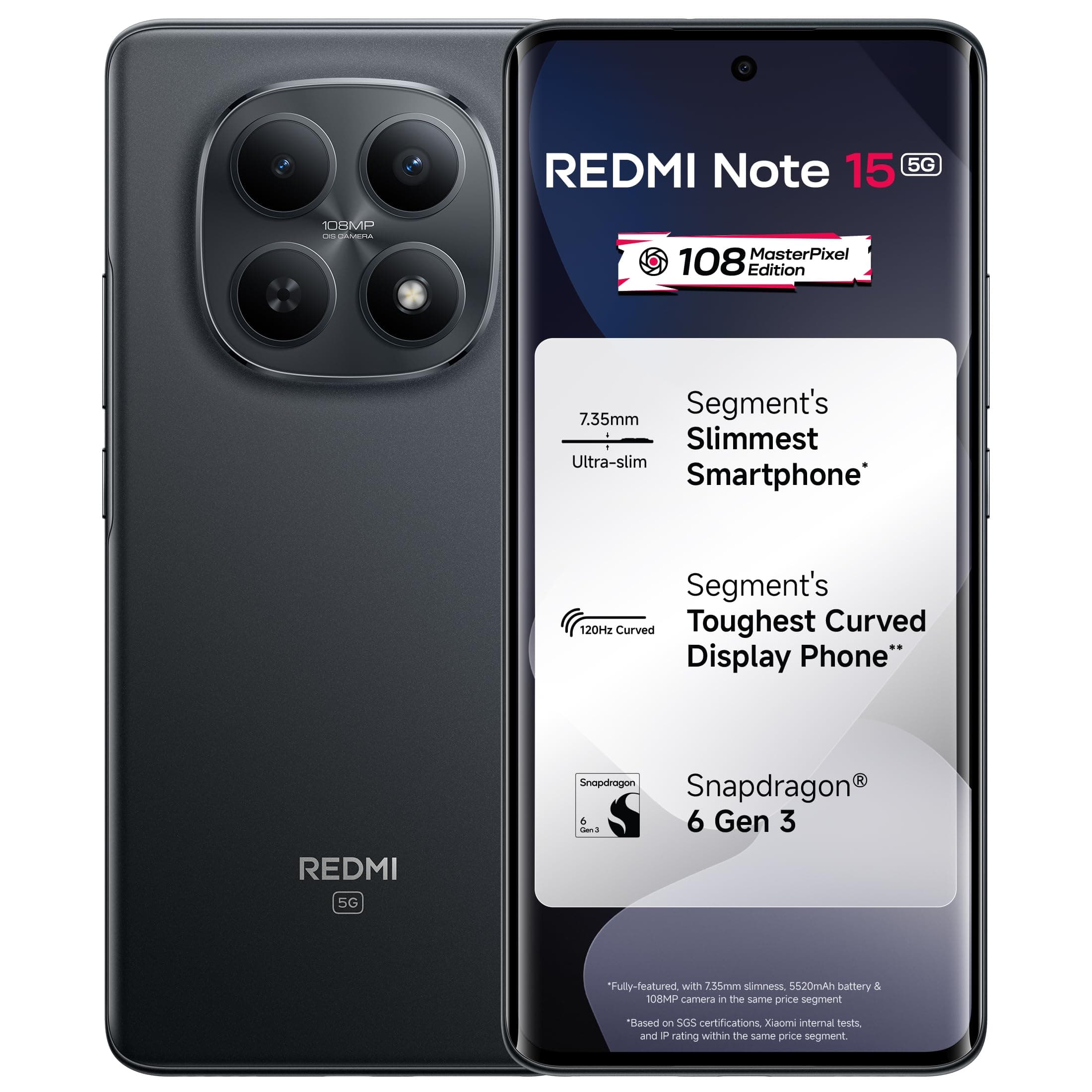 REDMI Note 15 5G (Black, 8GB RAM 128GB Storage) | 108MP OIS Camera | Snapdragon 6 Gen 3 | 17.2cm Tough Curved AMOLED Screen | Segments Slimmest Phone ...