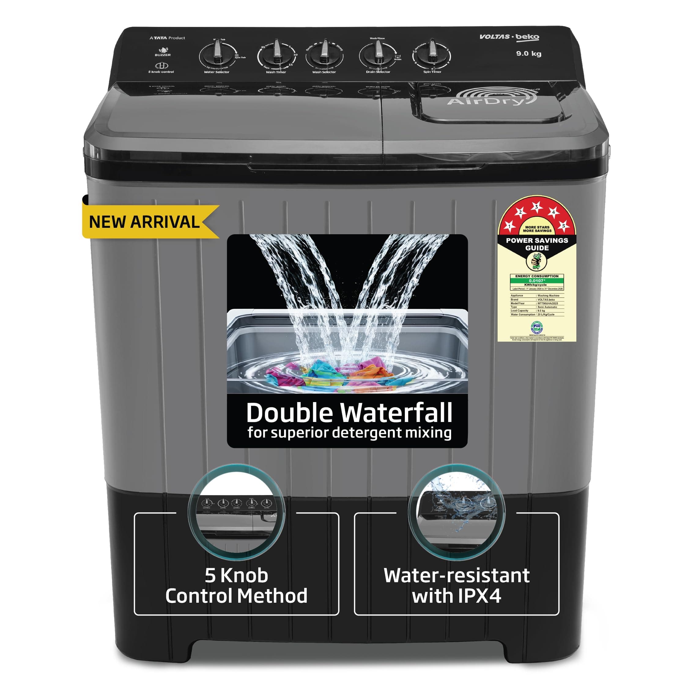 Voltas Beko, A Tata Product 9 Kg 5 Star Semi-Automatic Top Loading Washing Machine (2024 Model, WTT90UHA/OK5B1B1S23, Black, Pulsator Wash Method and D...