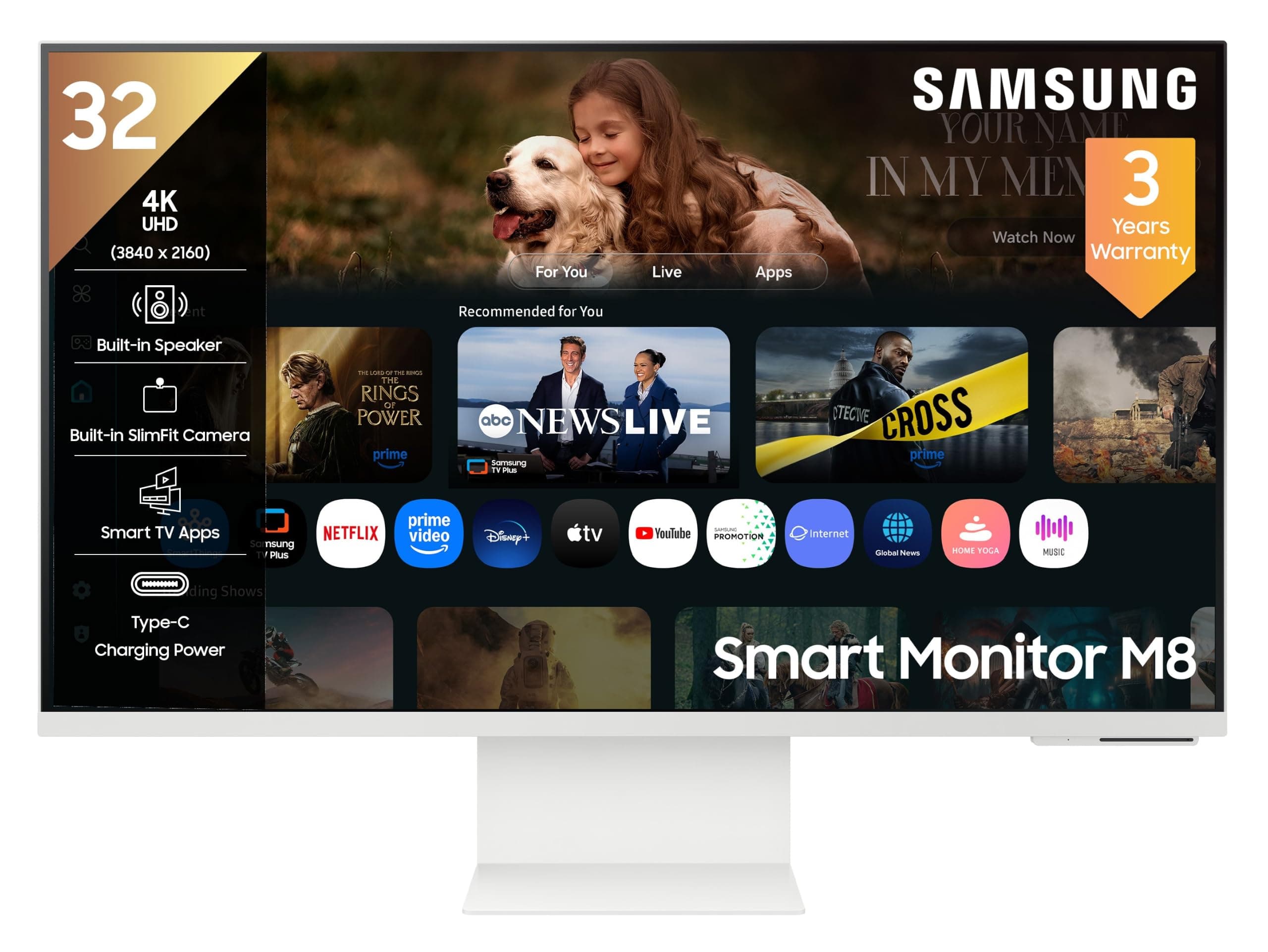 Samsung M8 Series 32 Inch (80 cm) Vision AI Smart Monitor, 4K (3840x2160), in-Built Speaker, Slimfit Camera, 60Hz, 4ms, Wi-Fi, Bluetooth, USB, USB-C, Wireless Display (LS32FM801UWXXL, Warm White)